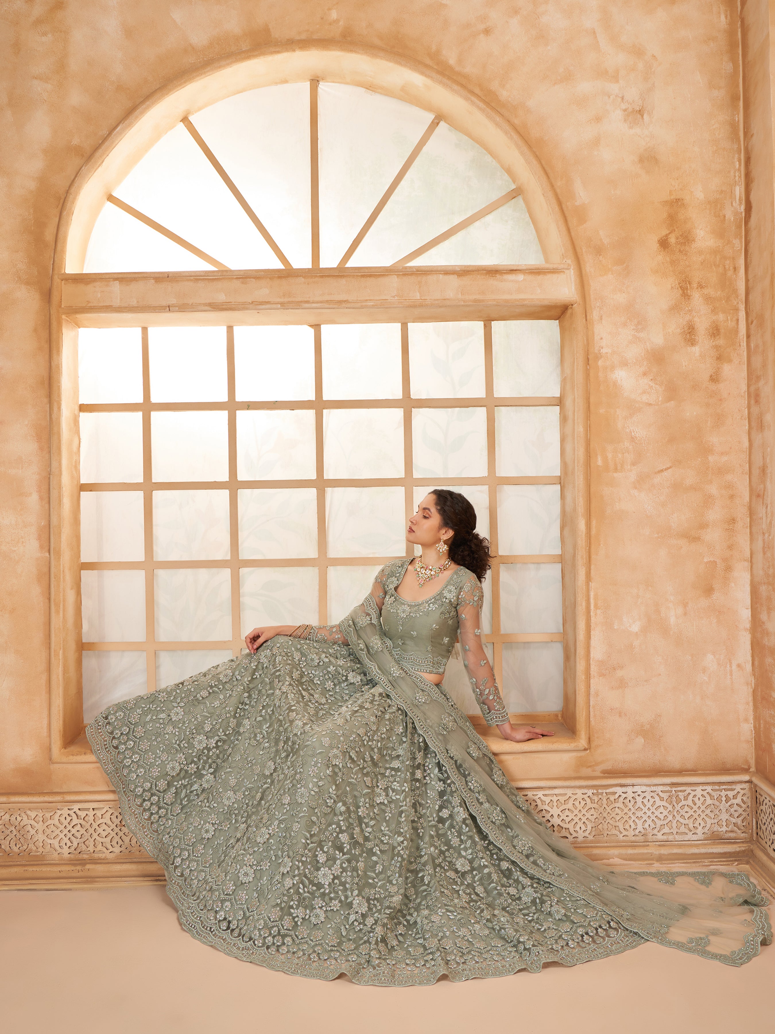 Sage Green Tonal Thread Embroidery Lehenga