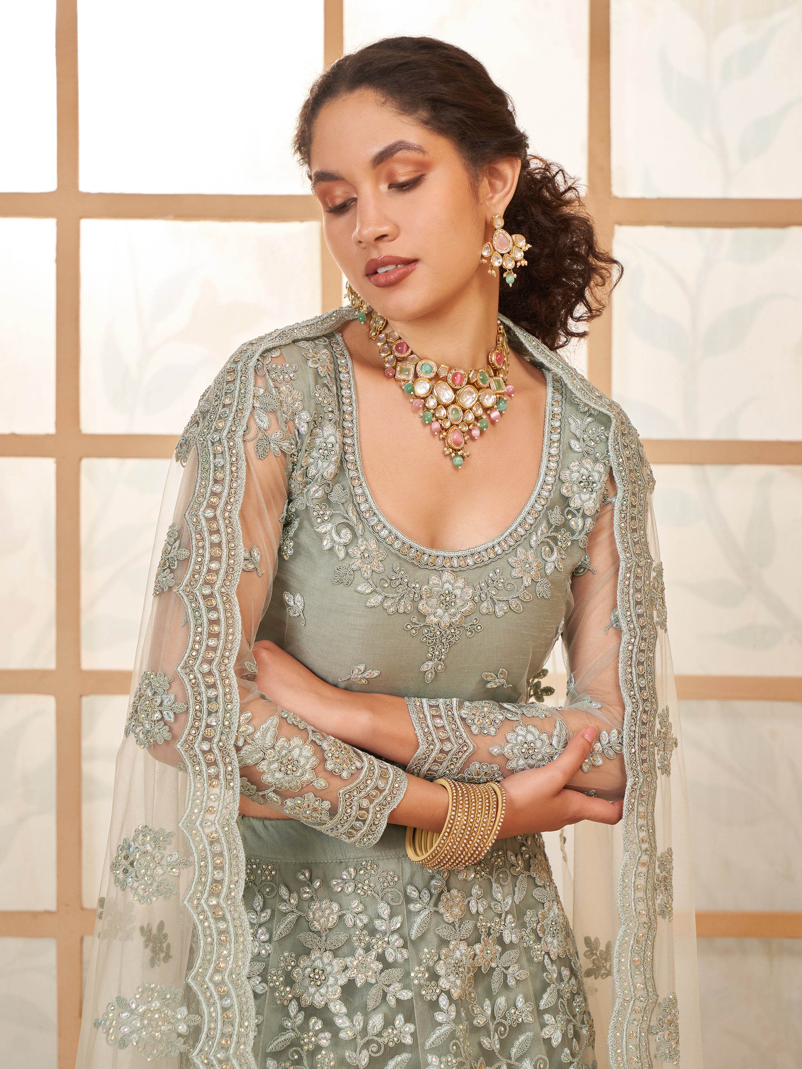 Sage Green Tonal Thread Embroidery Lehenga