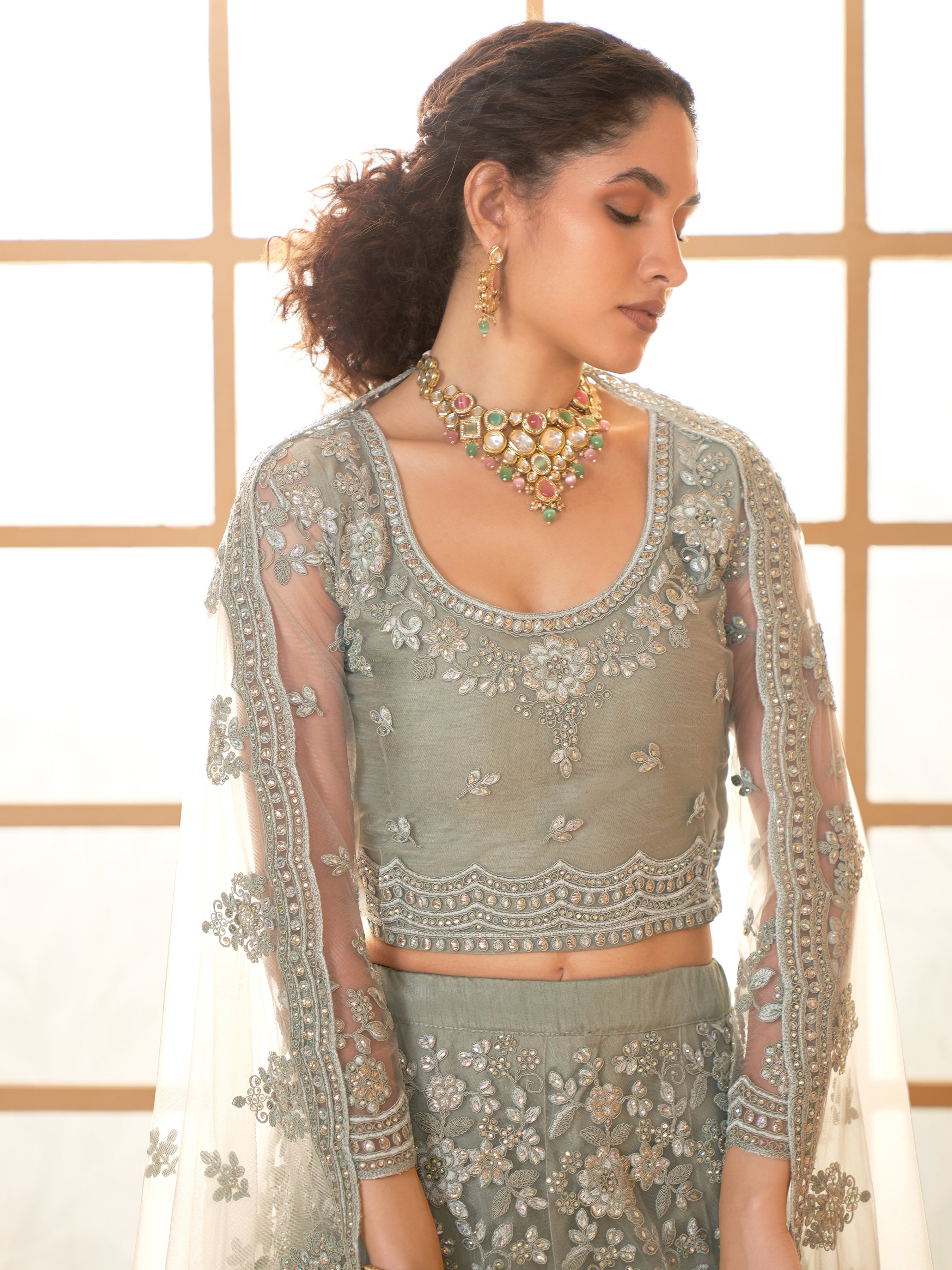 Sage Green Tonal Thread Embroidery Lehenga