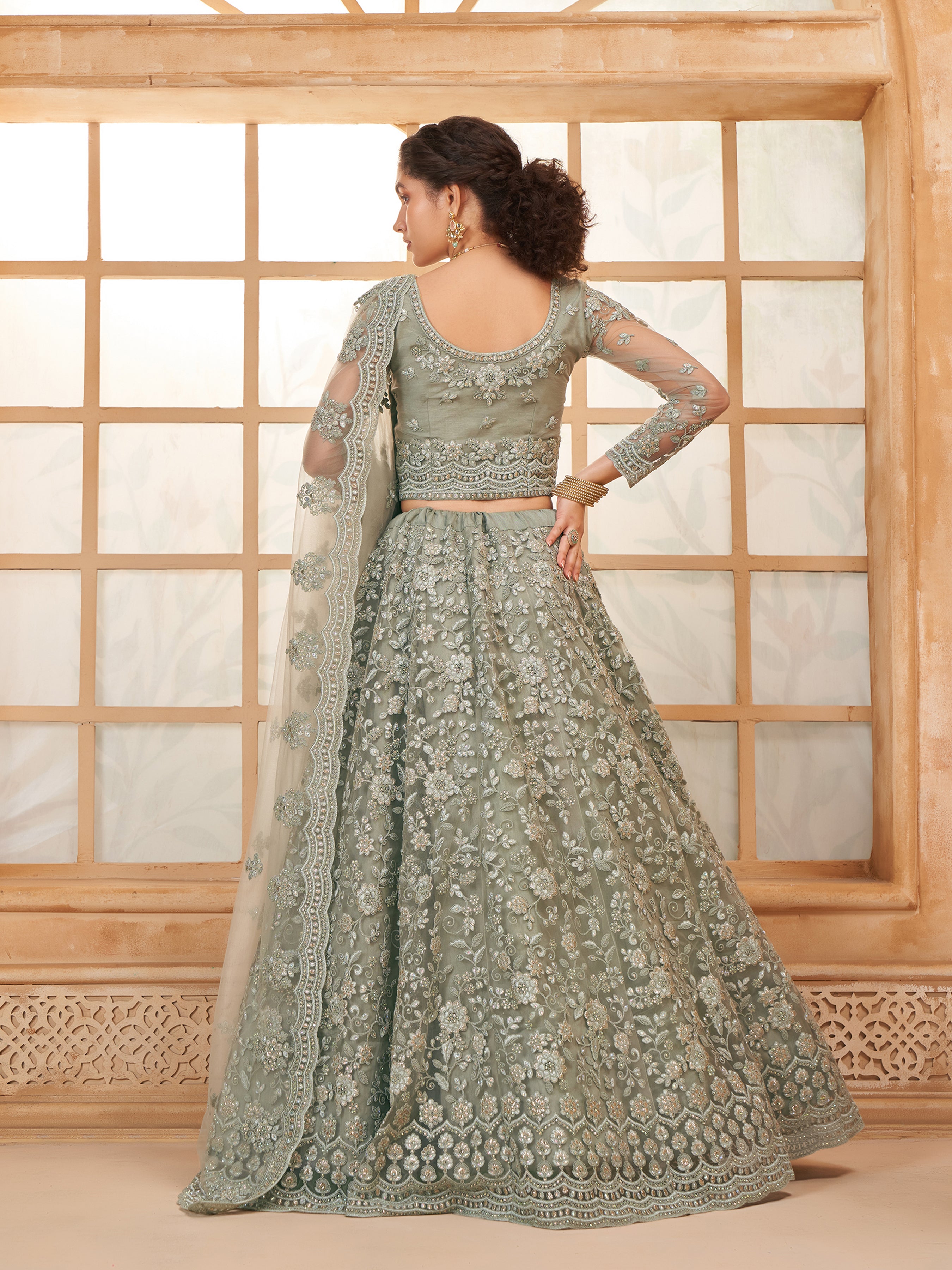 Sage Green Tonal Thread Embroidery Lehenga