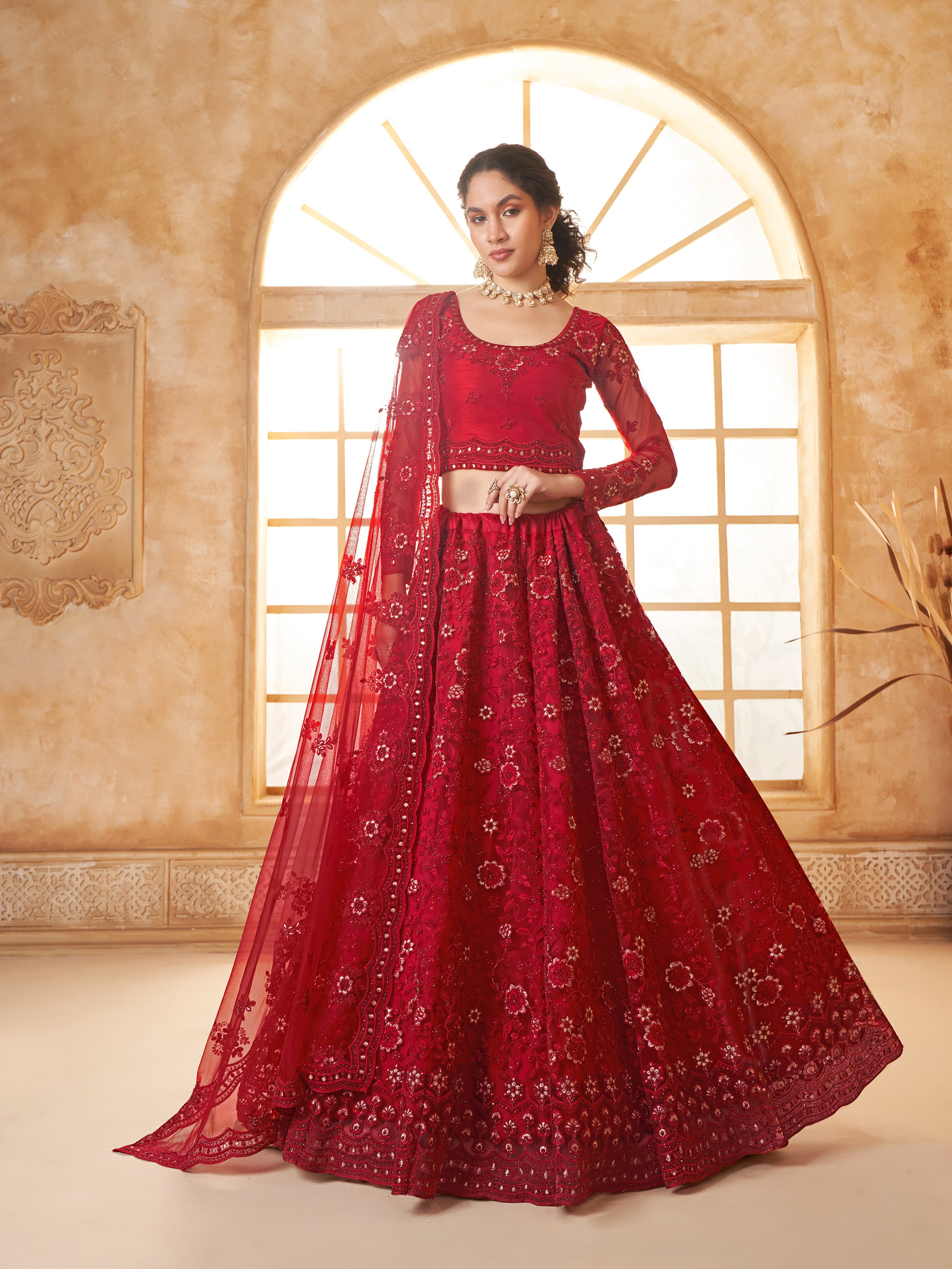 Red Tonal Thread Embroidery Lehenga