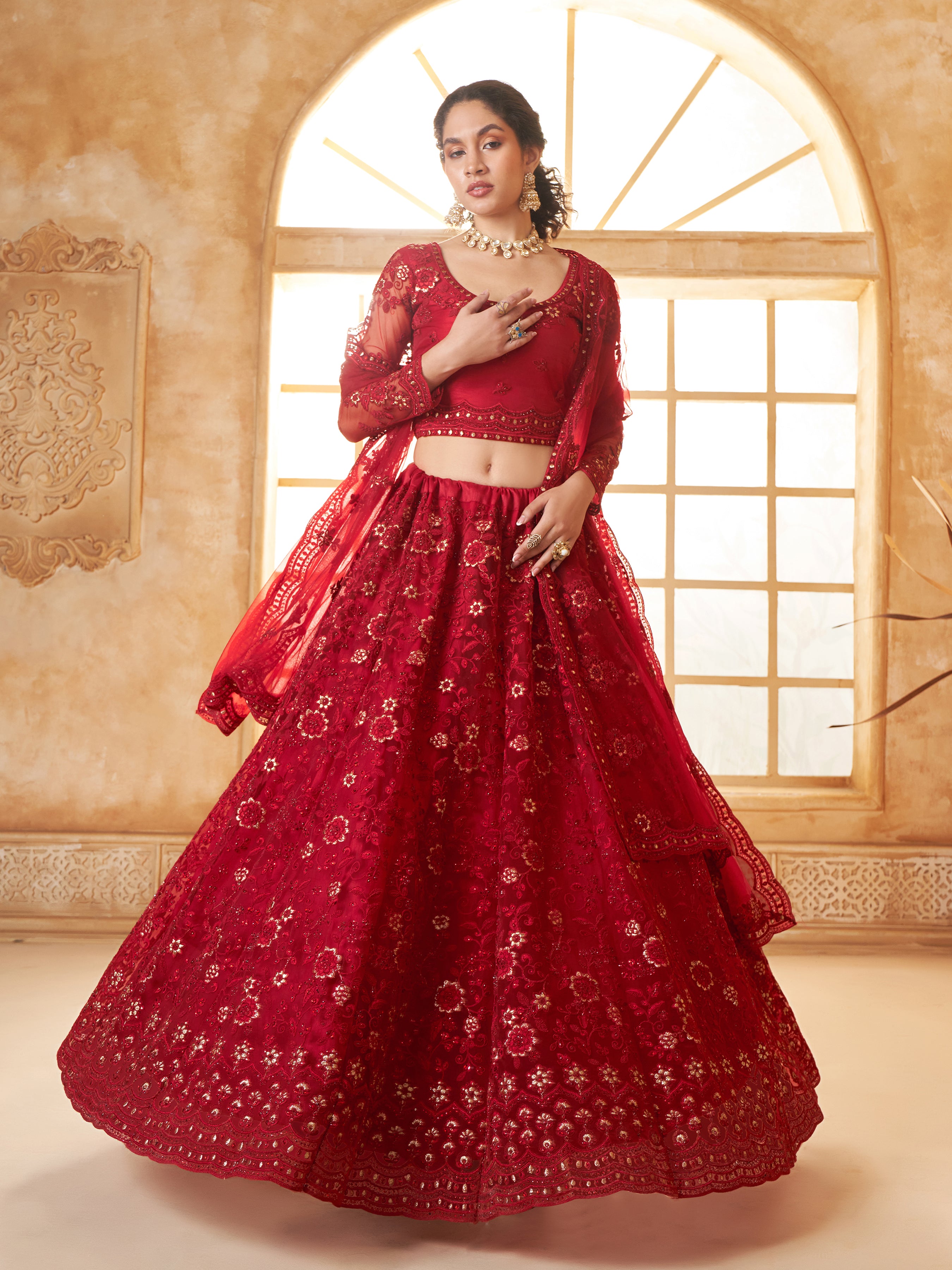 Red Tonal Thread Embroidery Lehenga