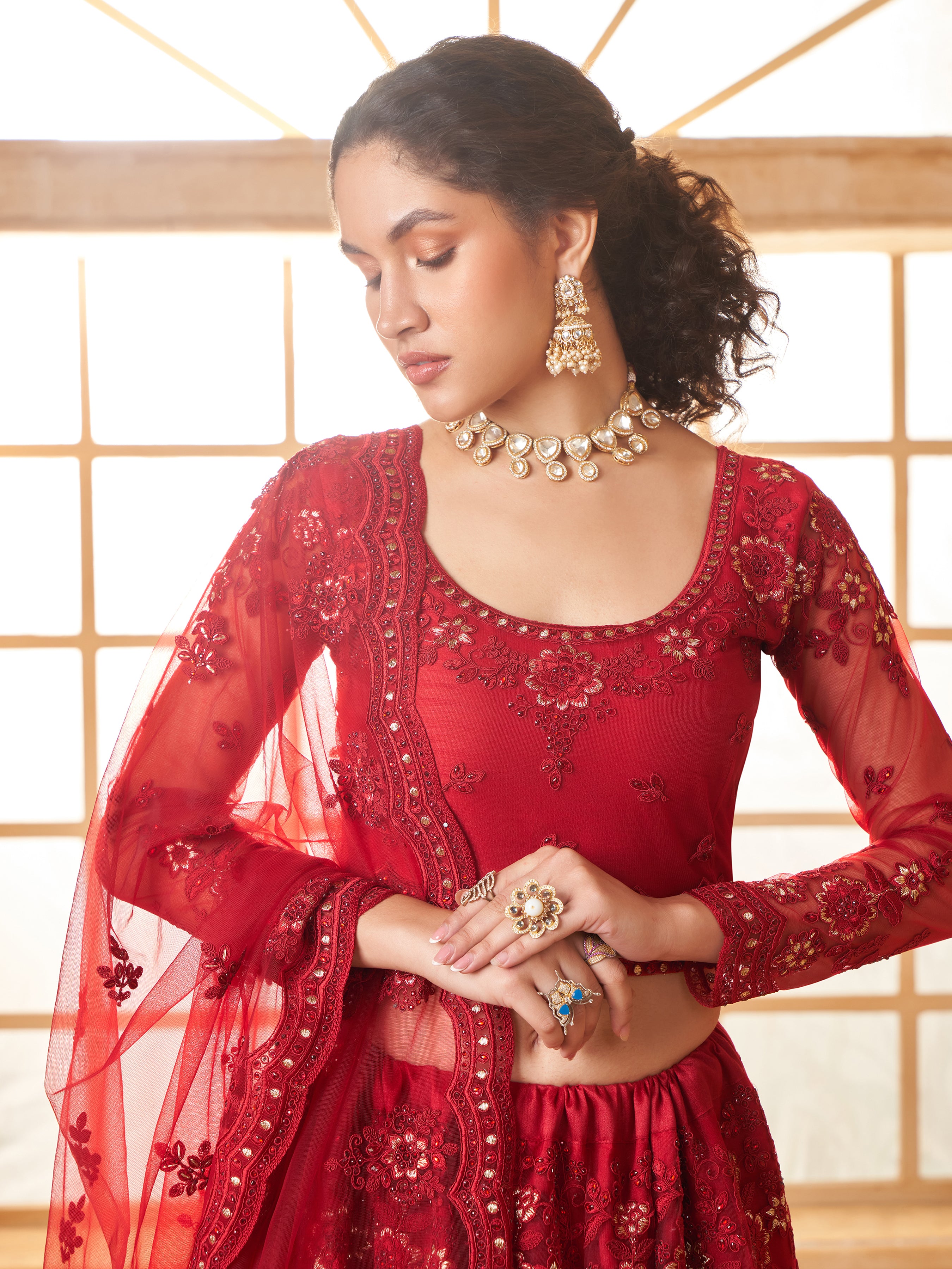 Red Tonal Thread Embroidery Lehenga