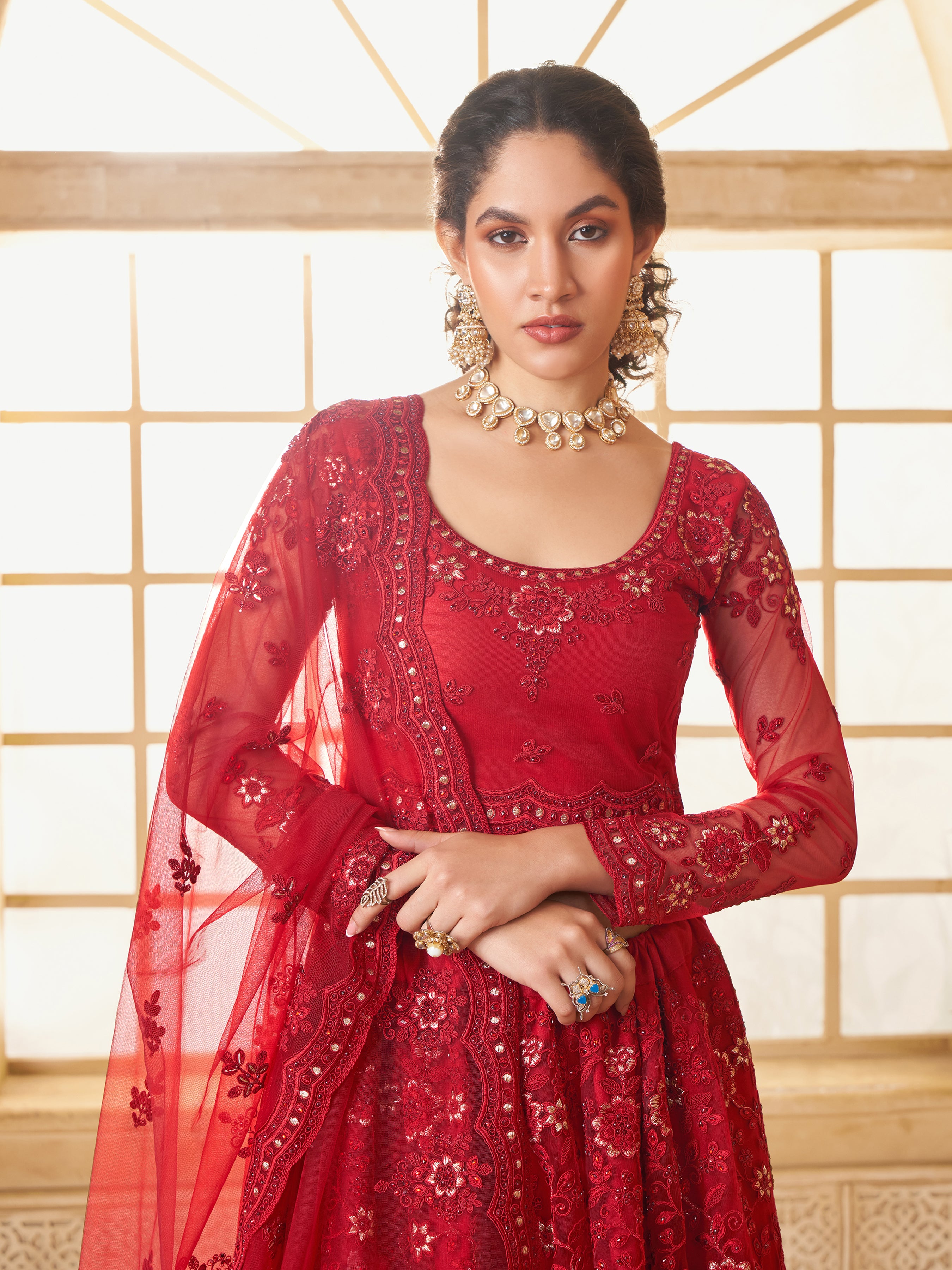 Red Tonal Thread Embroidery Lehenga