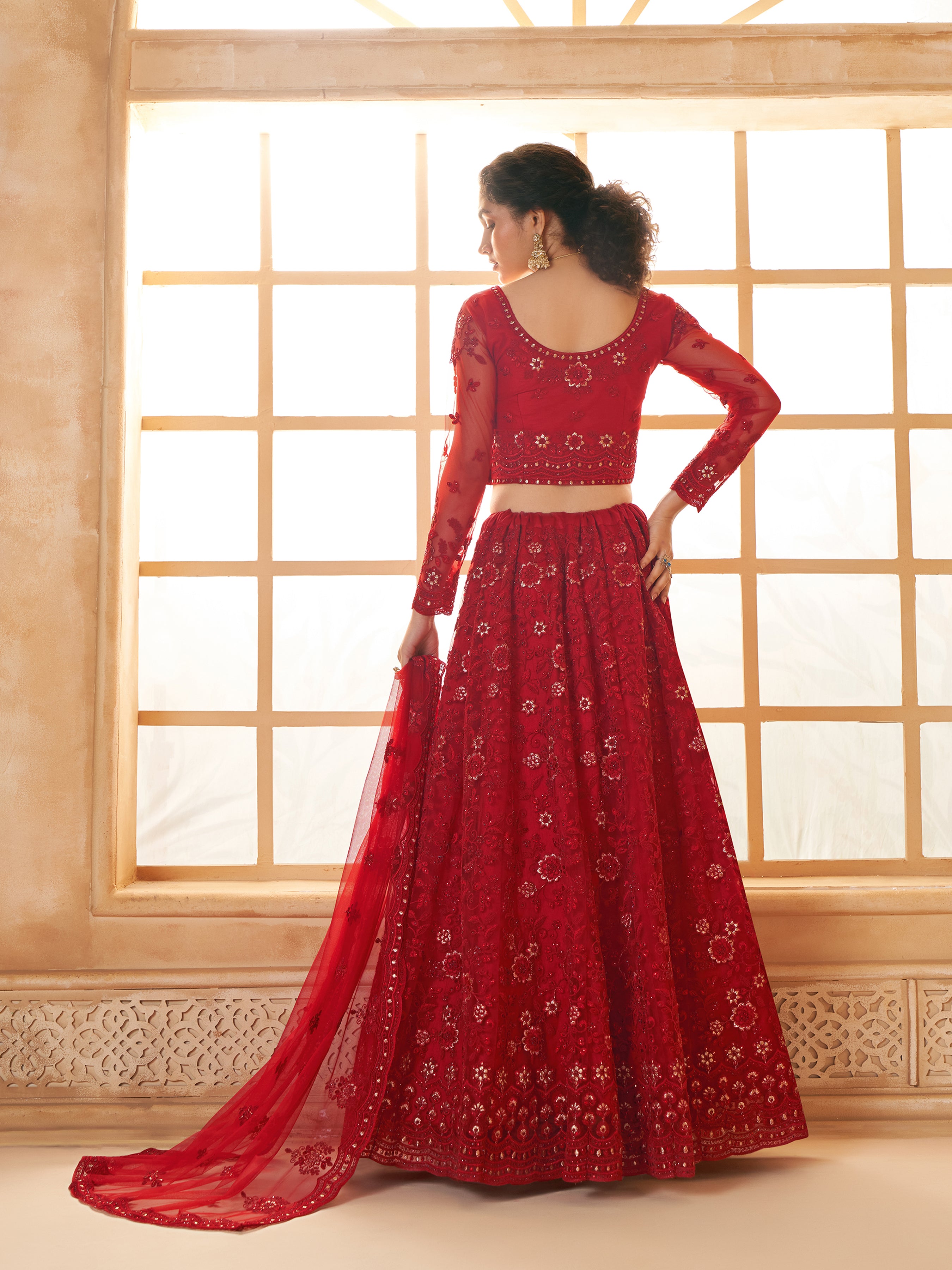 Red Tonal Thread Embroidery Lehenga