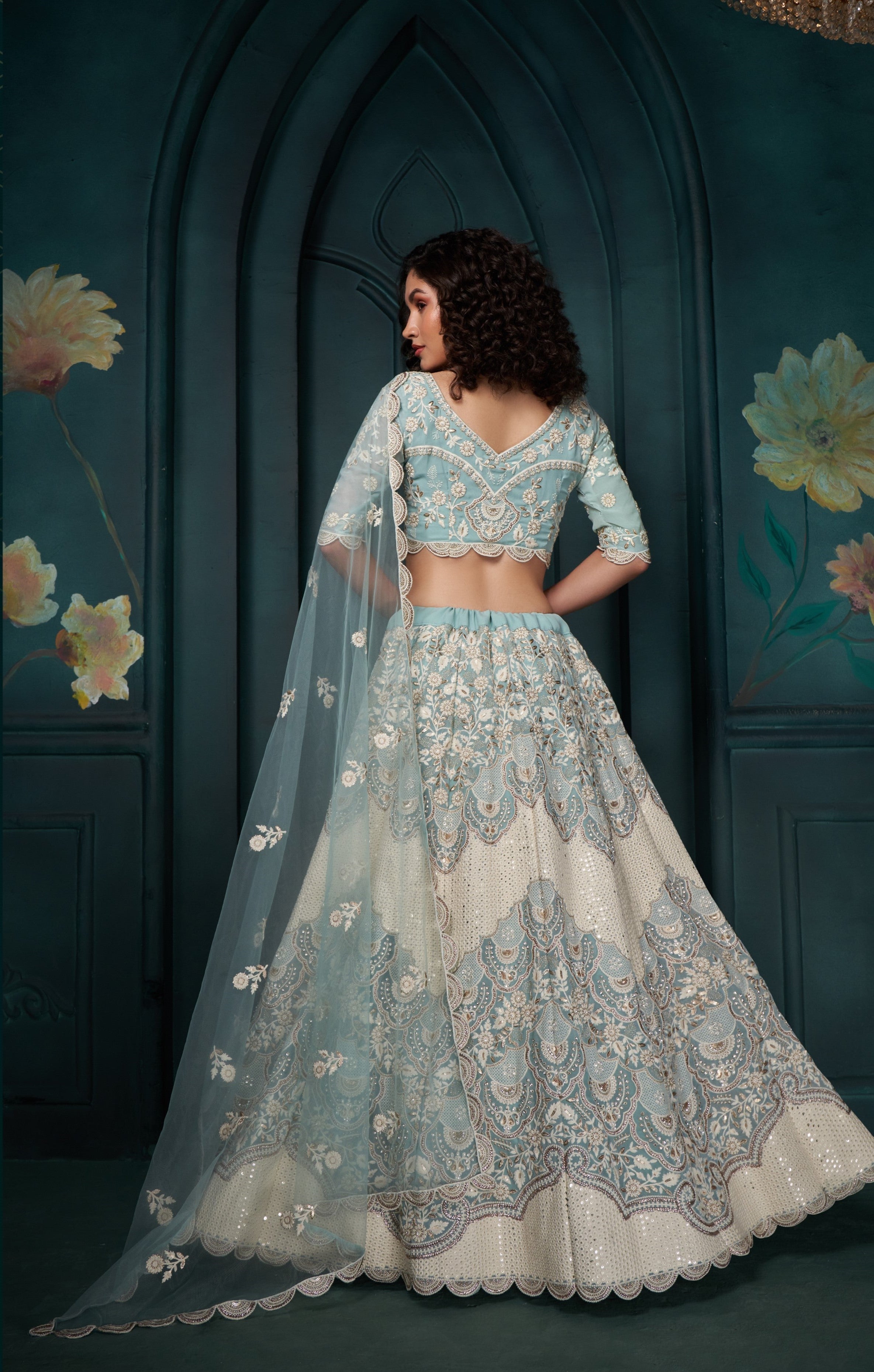 Light Blue Thread Embroidery Lehenga Set