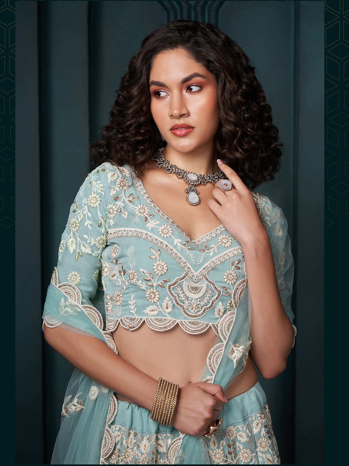 Light Blue Thread Embroidery Lehenga Set