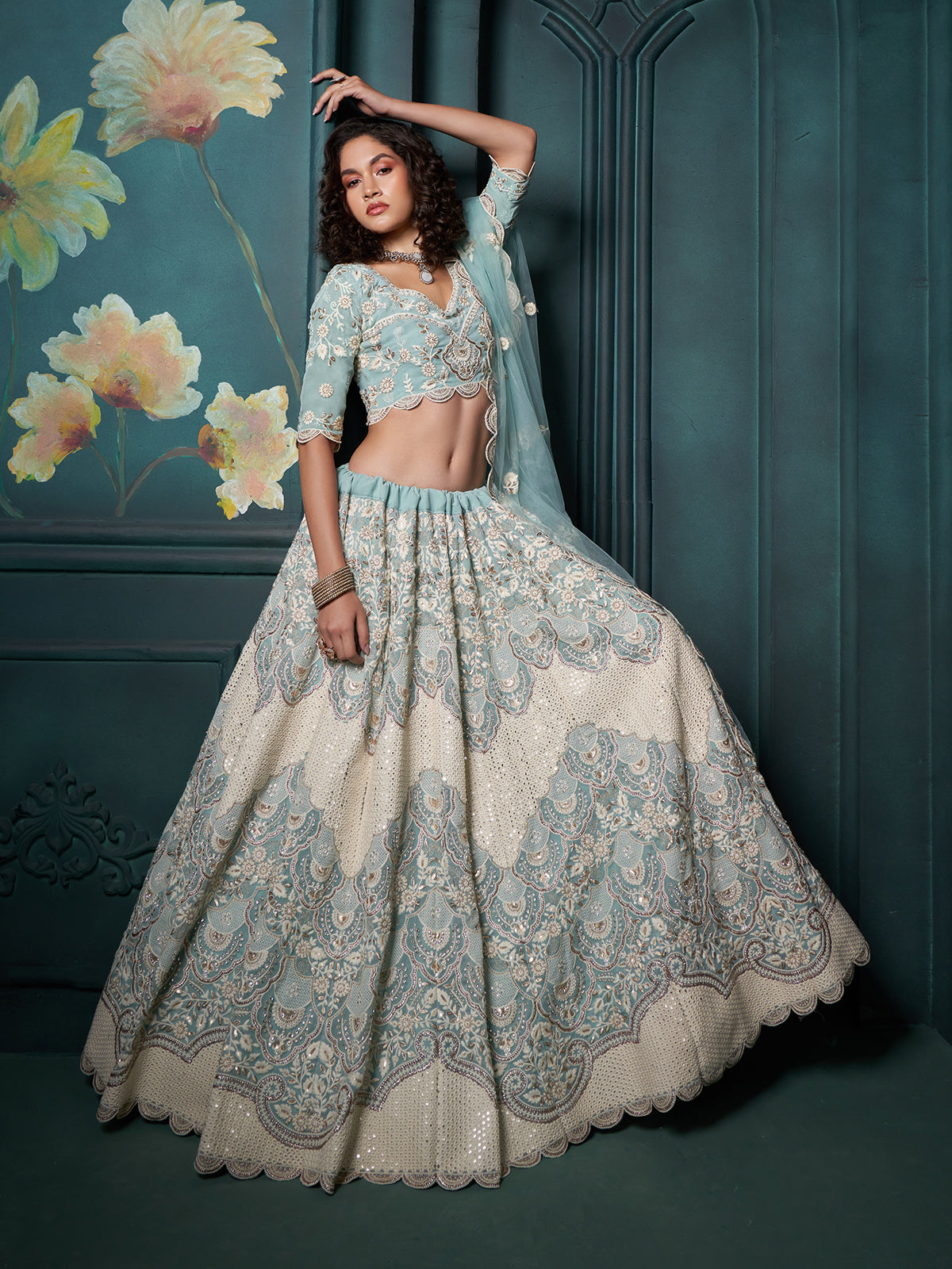 Light Blue Thread Embroidery Lehenga Set