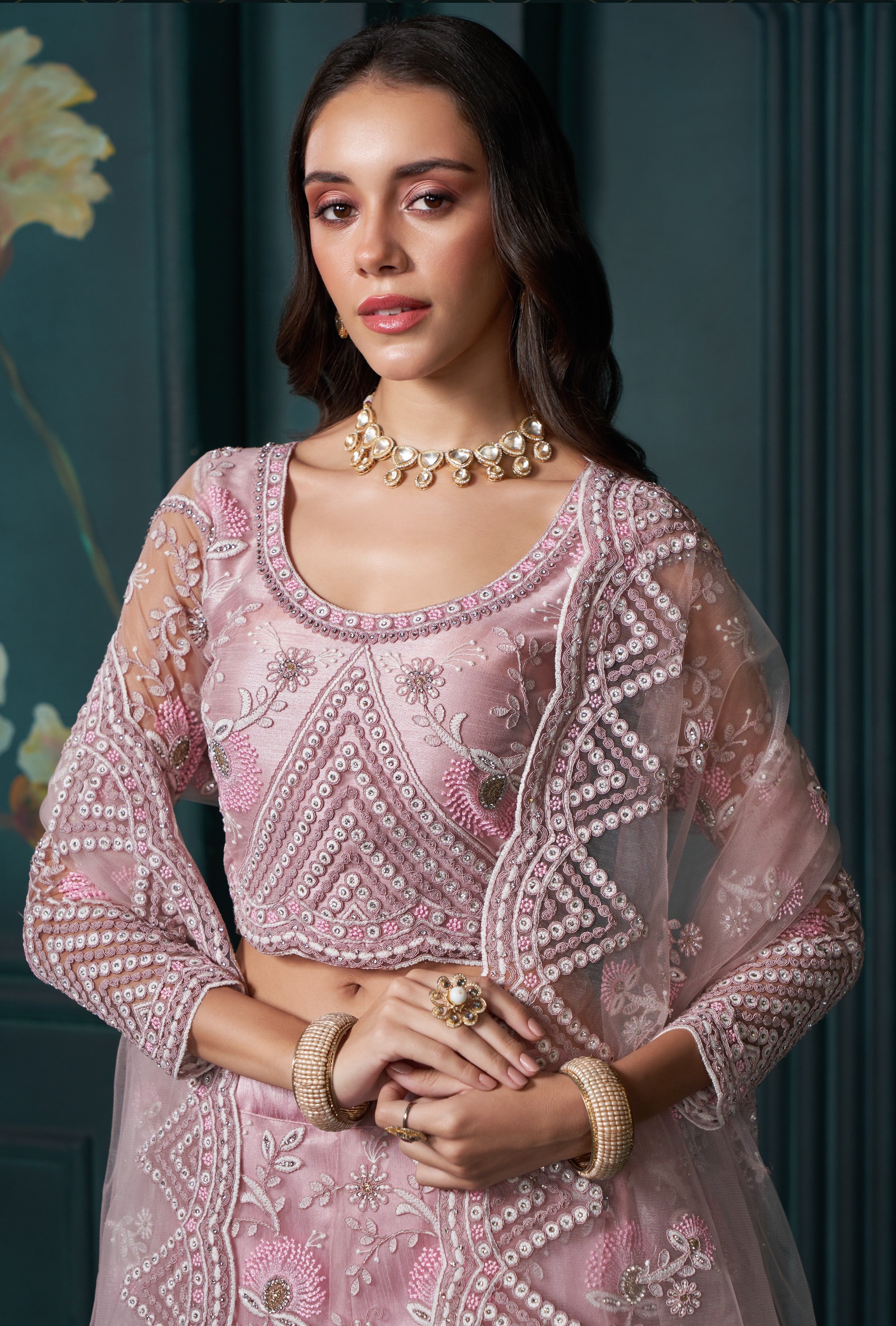 Dusty Pink Thread Embroidery Lehenga Set