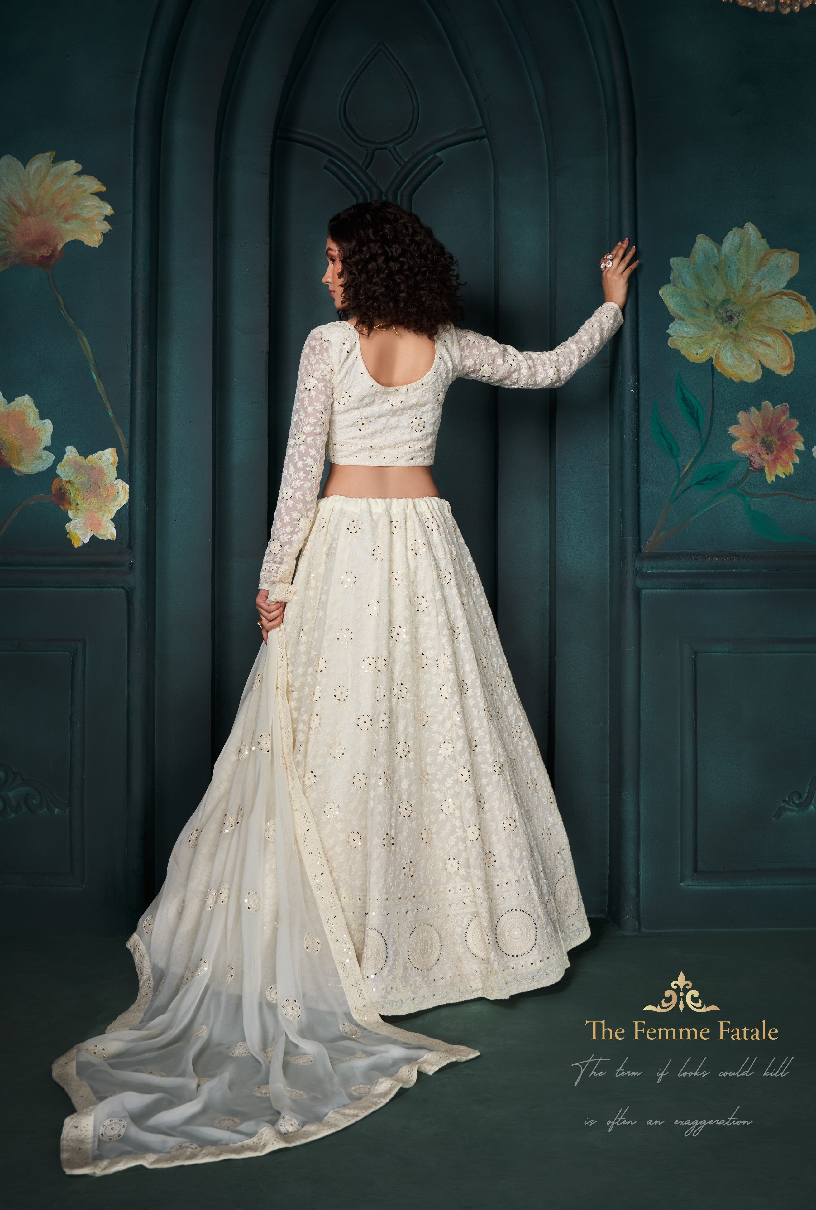 Cream Thread Embroidery Lehenga Set