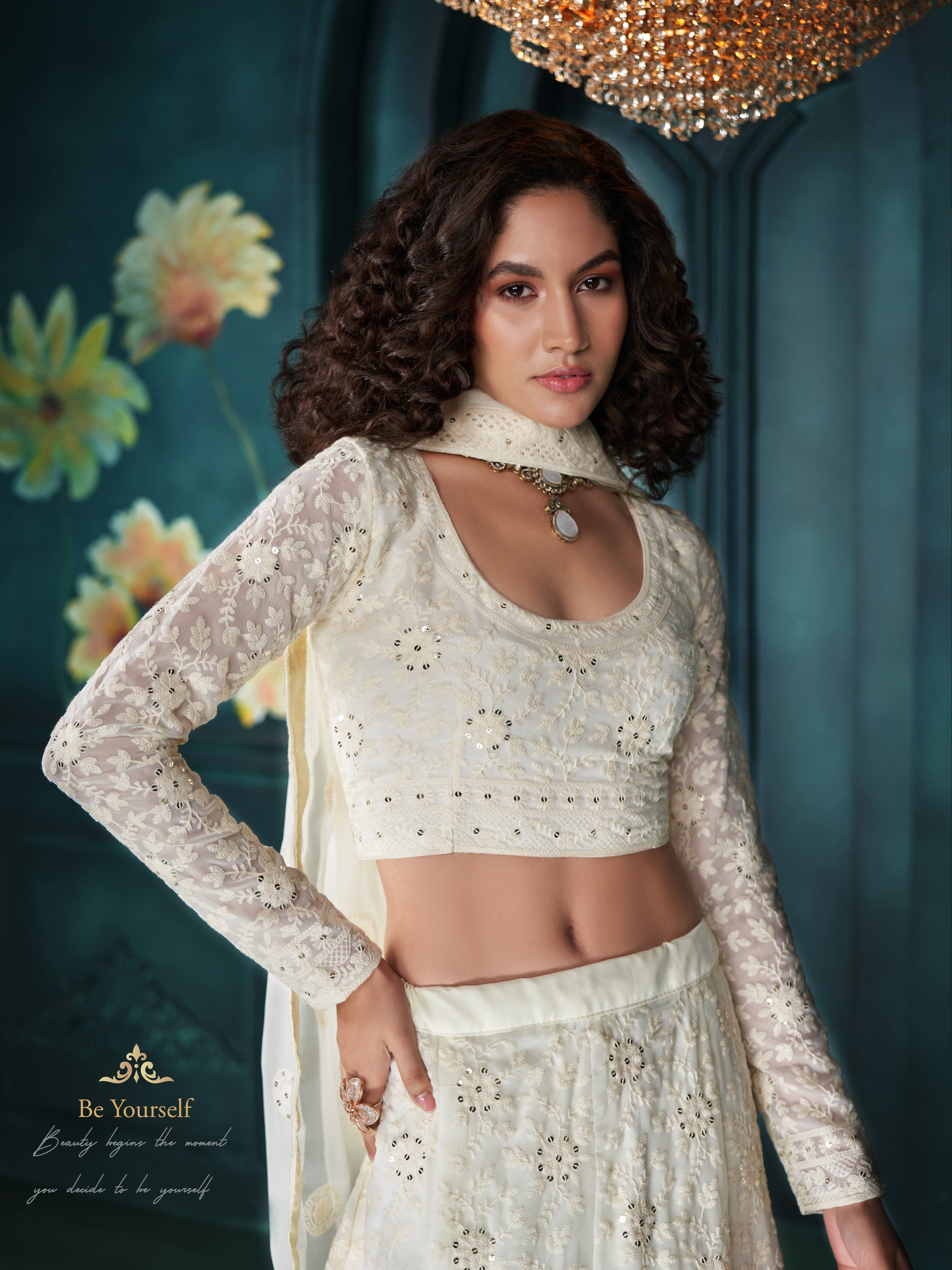 Cream Thread Embroidery Lehenga Set