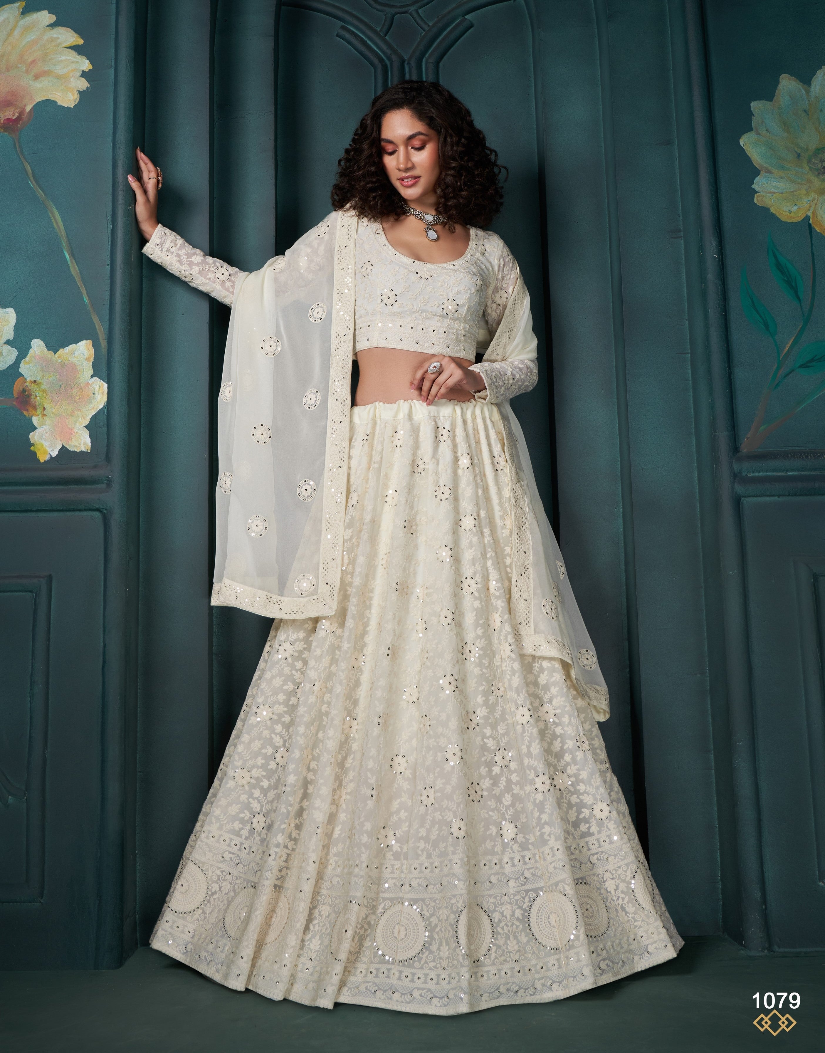 Cream Thread Embroidery Lehenga Set