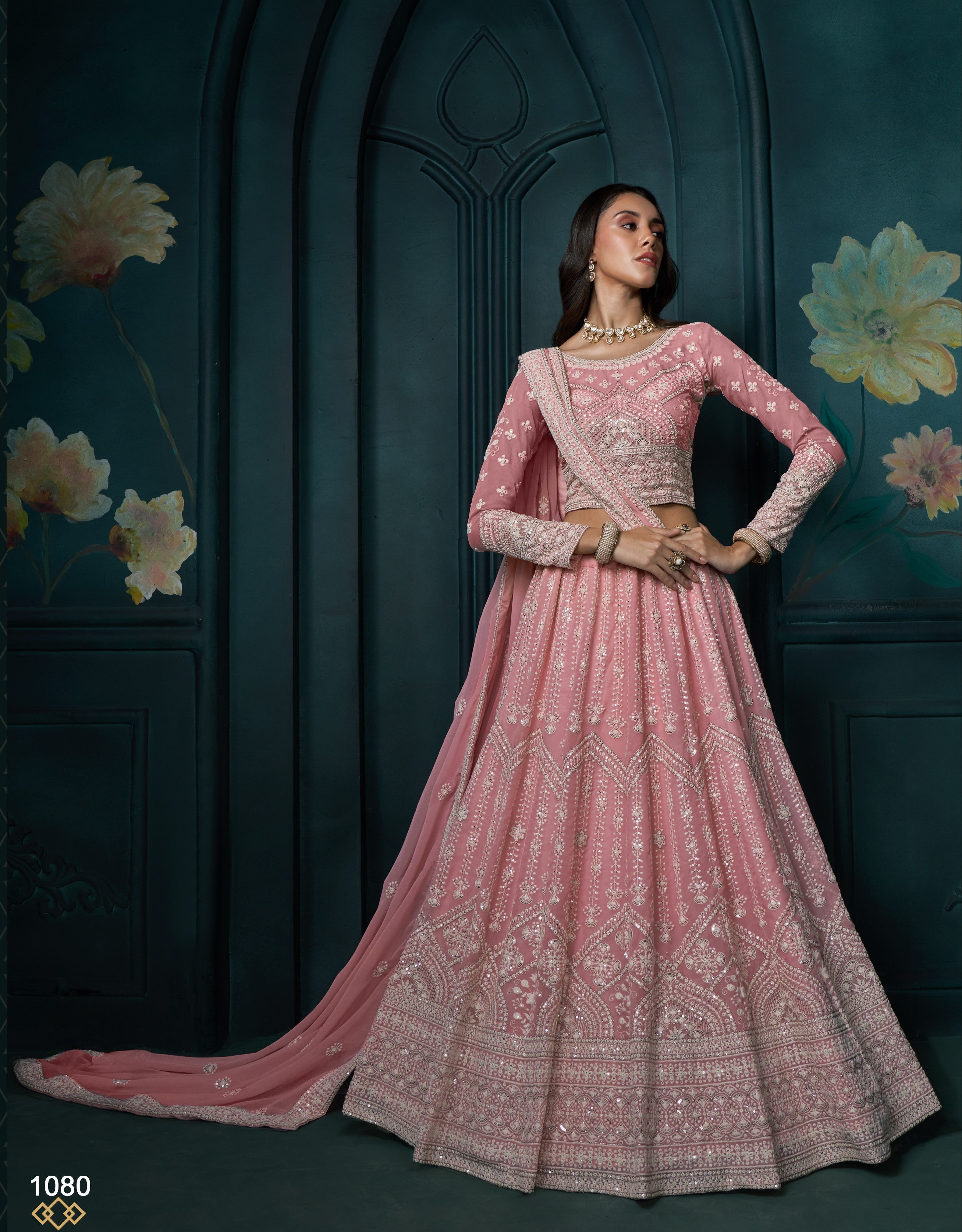 Pink Thread Embroidery Lehenga Set