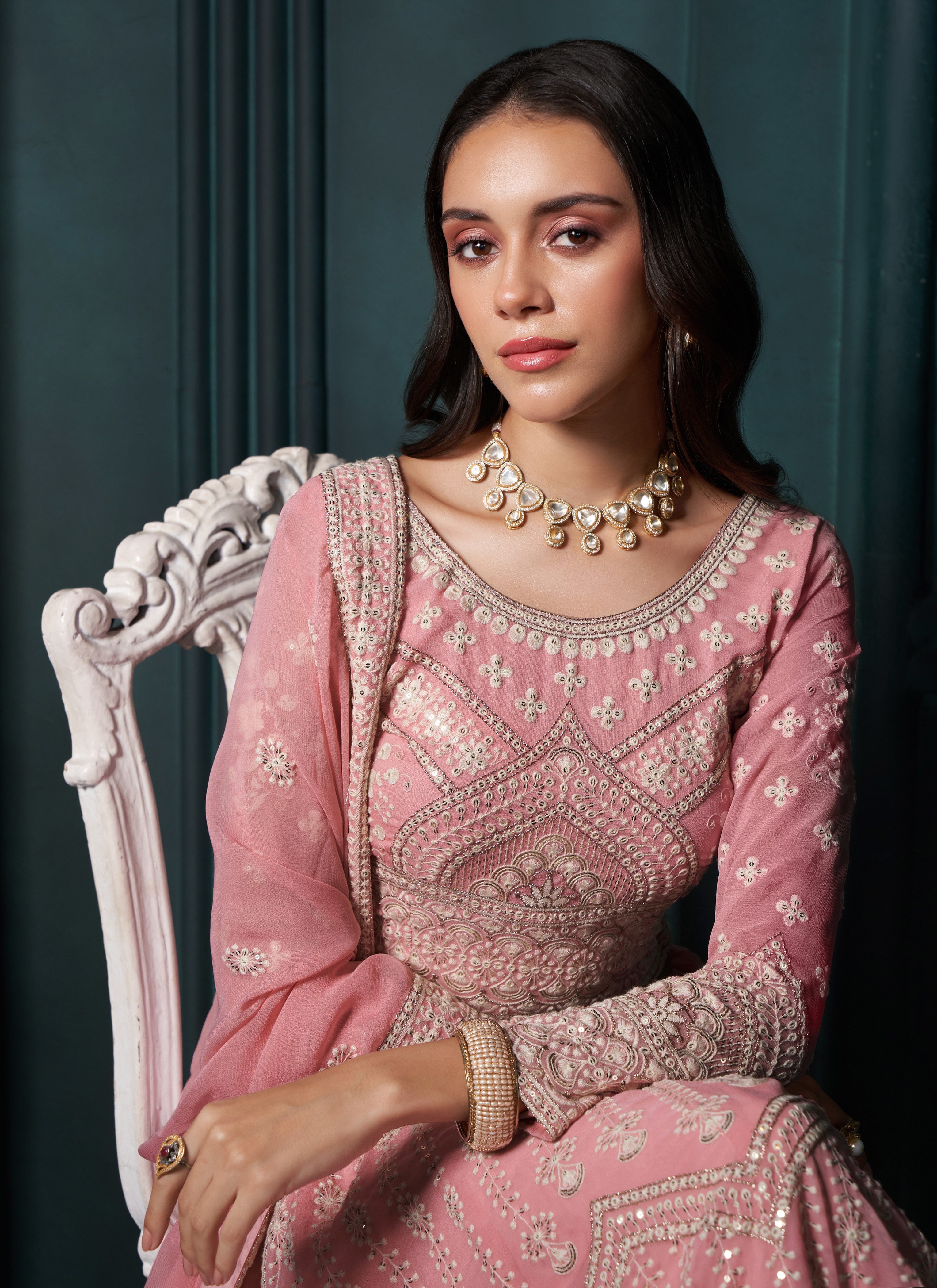 Pink Thread Embroidery Lehenga Set