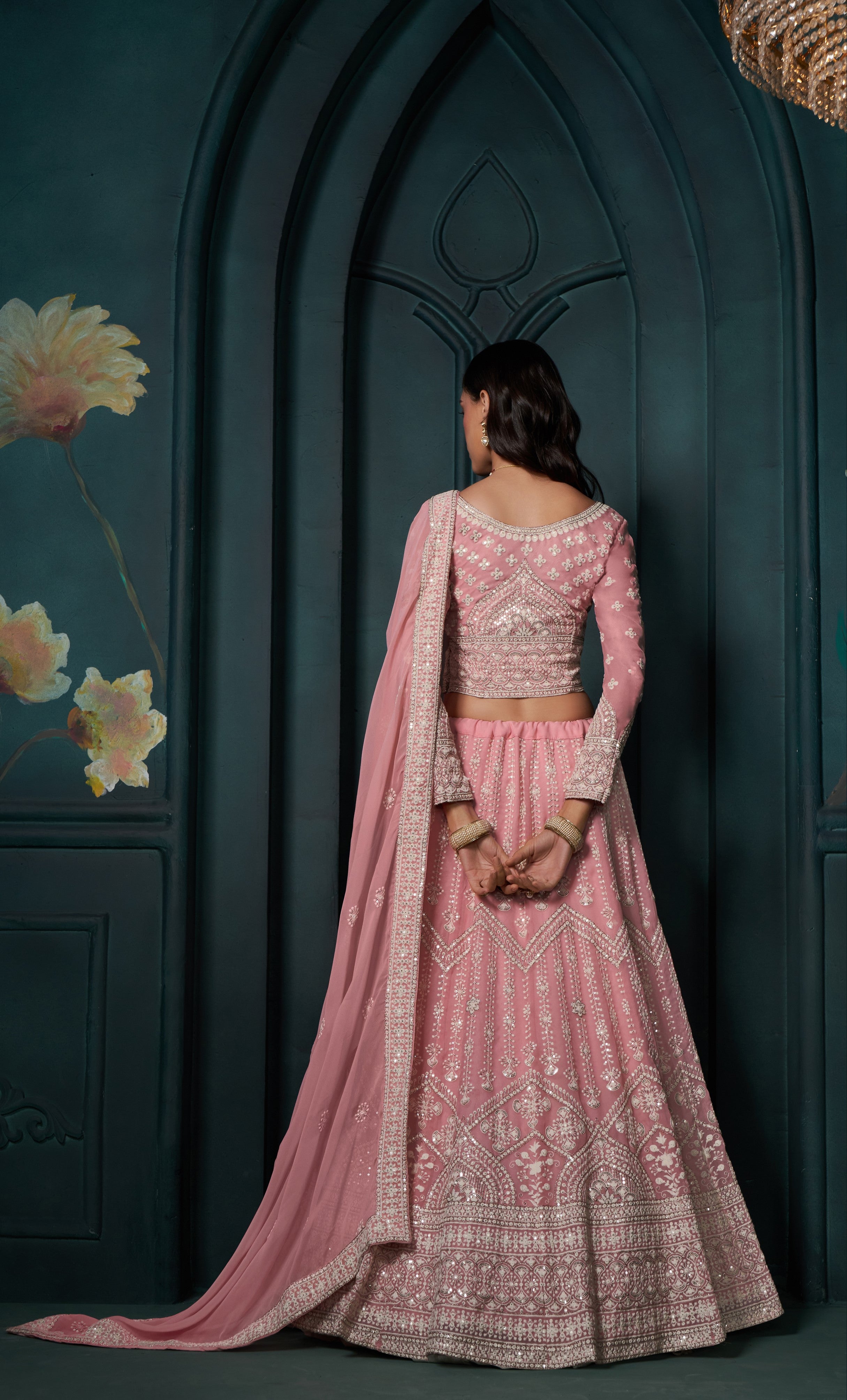 Pink Thread Embroidery Lehenga Set
