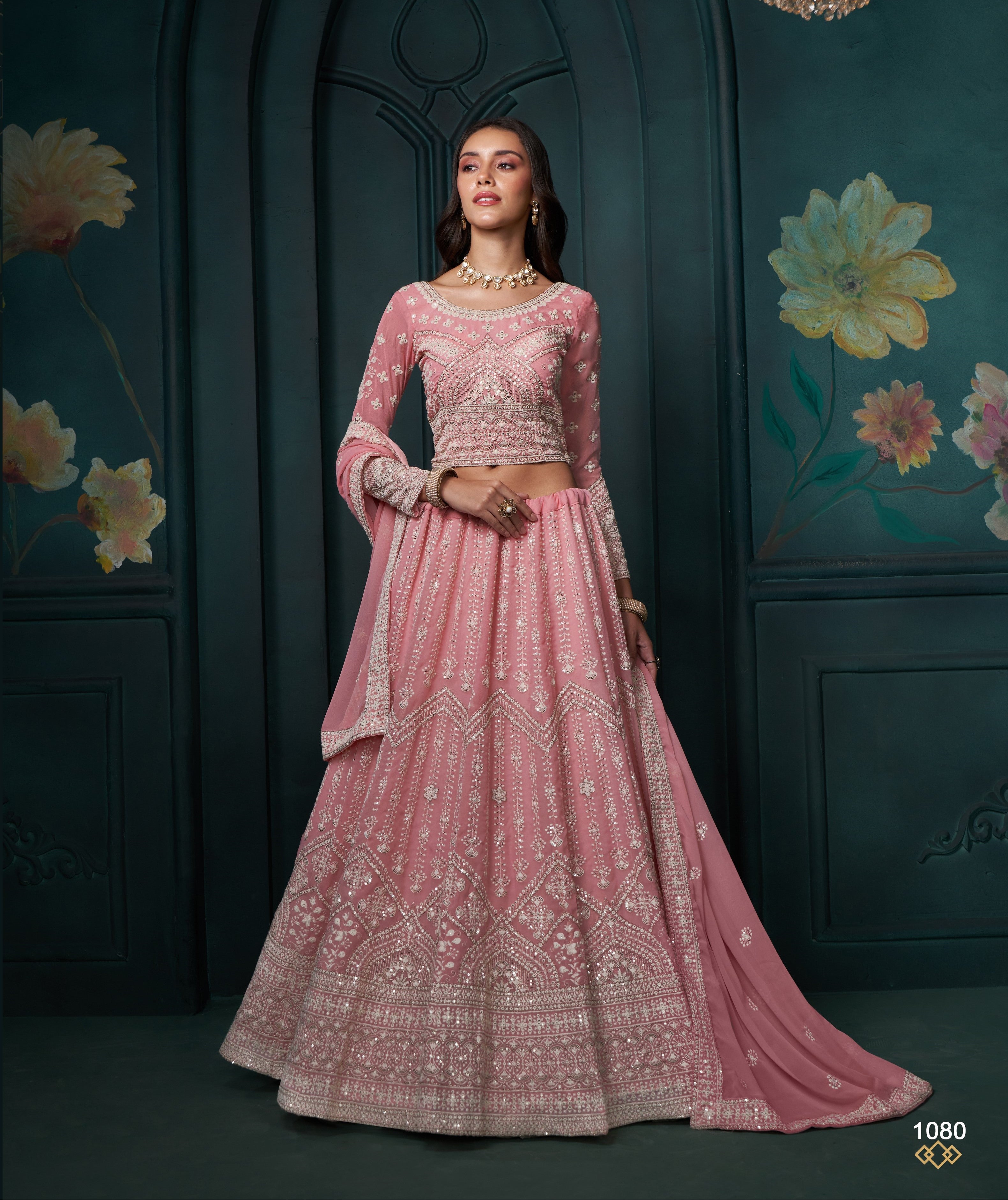 Pink Thread Embroidery Lehenga Set