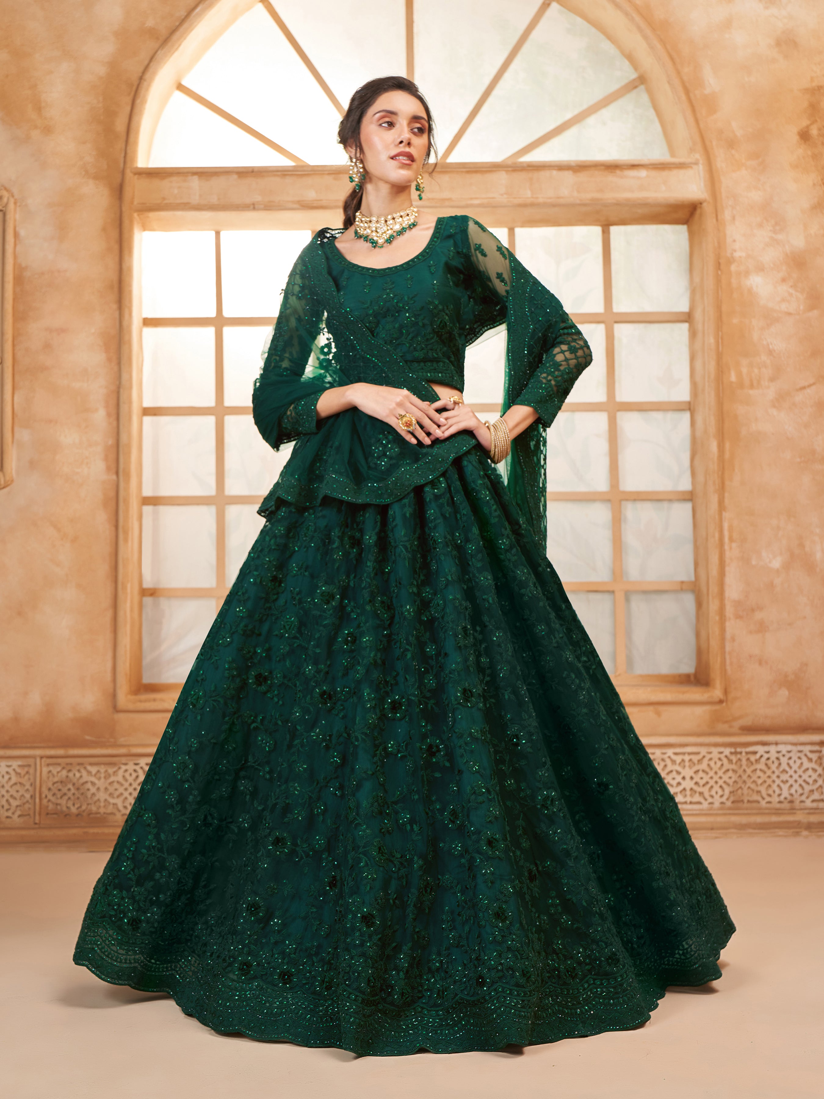 Deep Green Tonal Thread Dori Work Embroidered Lehenga