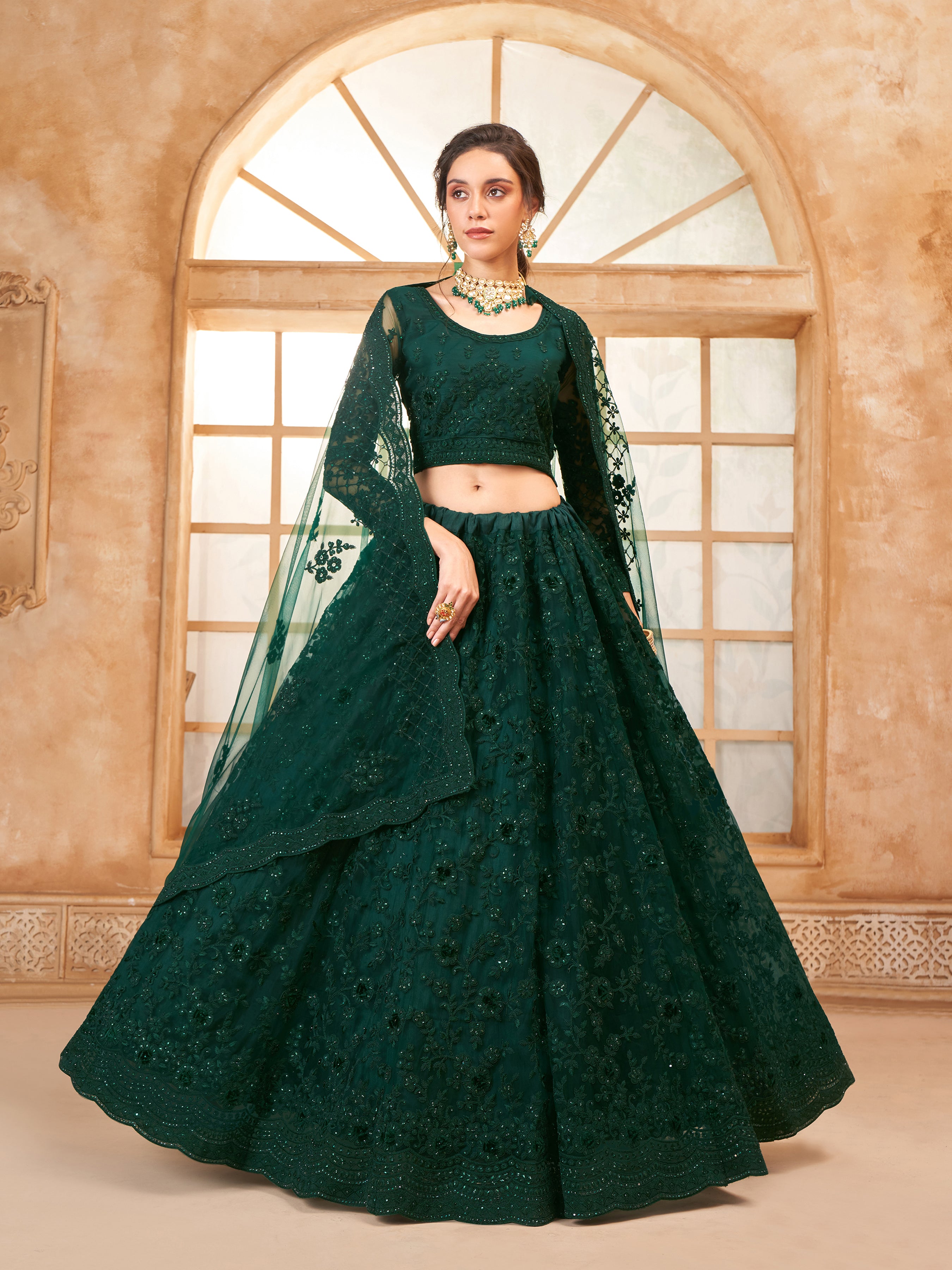 Deep Green Tonal Thread Dori Work Embroidered Lehenga