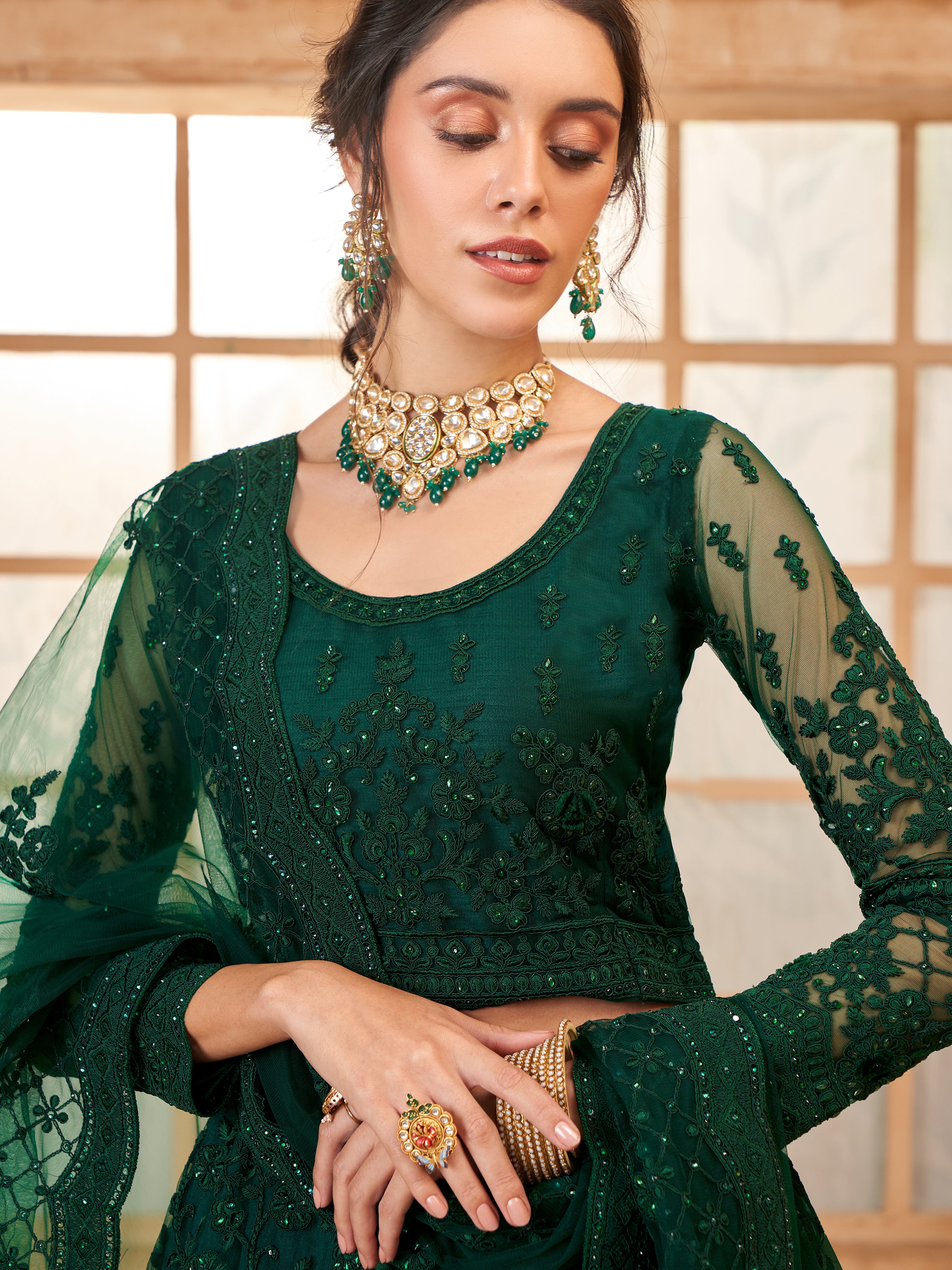 Deep Green Tonal Thread Dori Work Embroidered Lehenga
