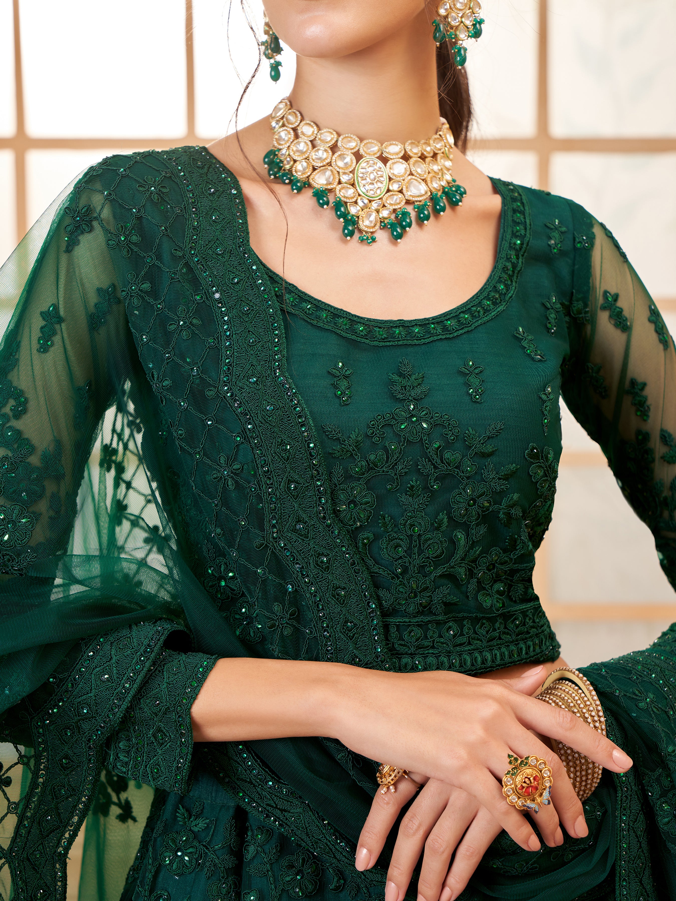 Deep Green Tonal Thread Dori Work Embroidered Lehenga