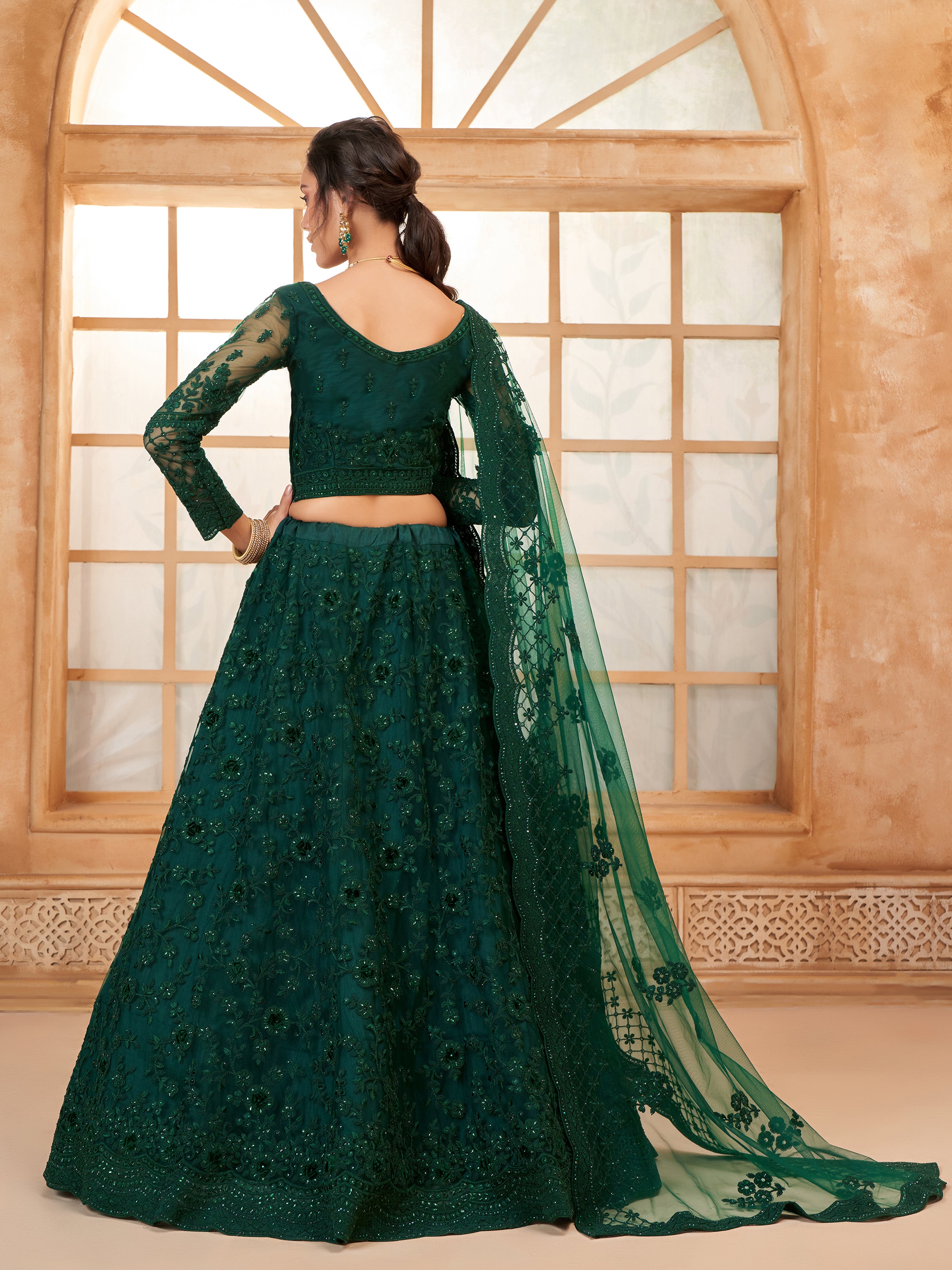 Deep Green Tonal Thread Dori Work Embroidered Lehenga
