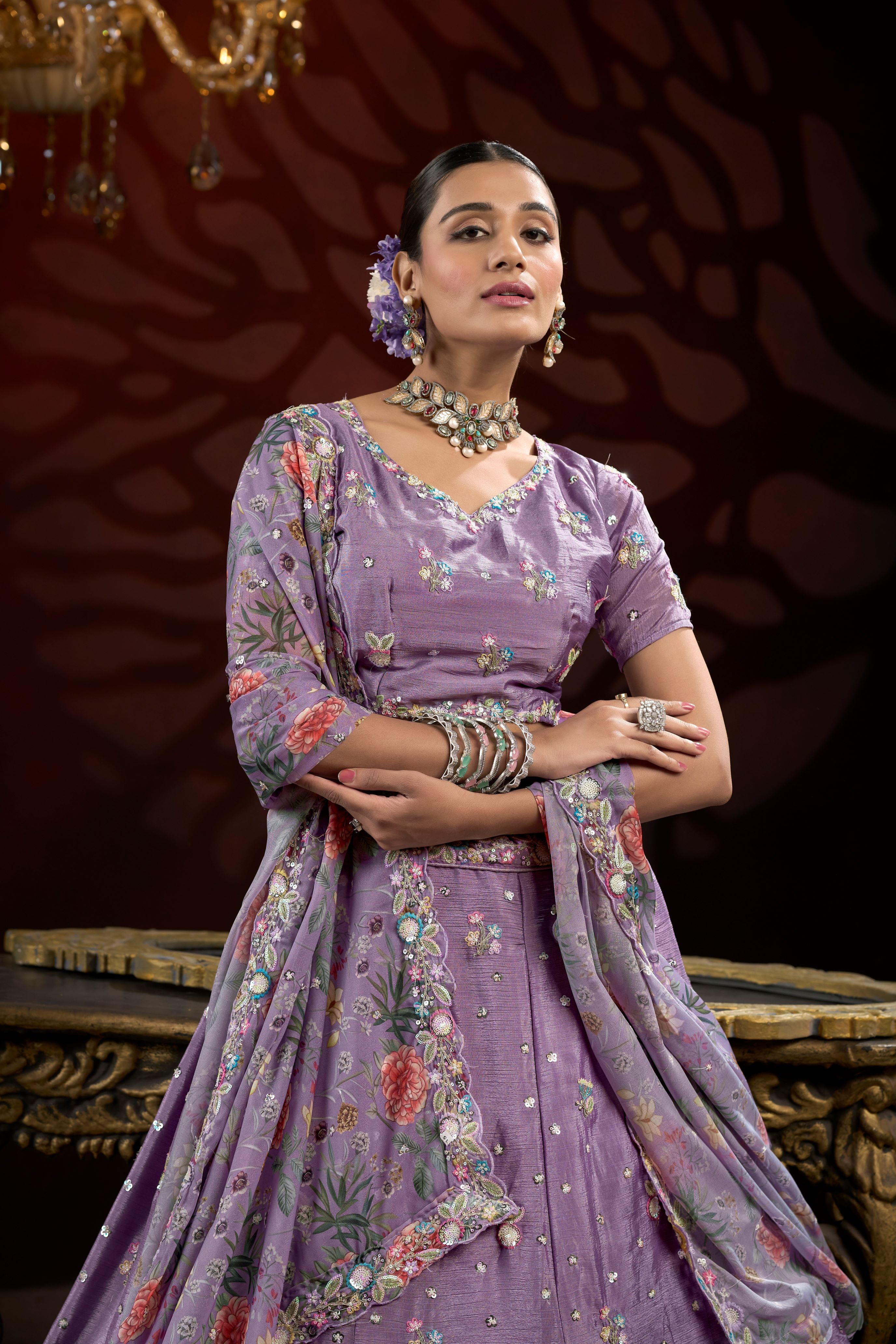 Lavender Sequin & Thread Embroidery work Lehenga with Printed Dupatta