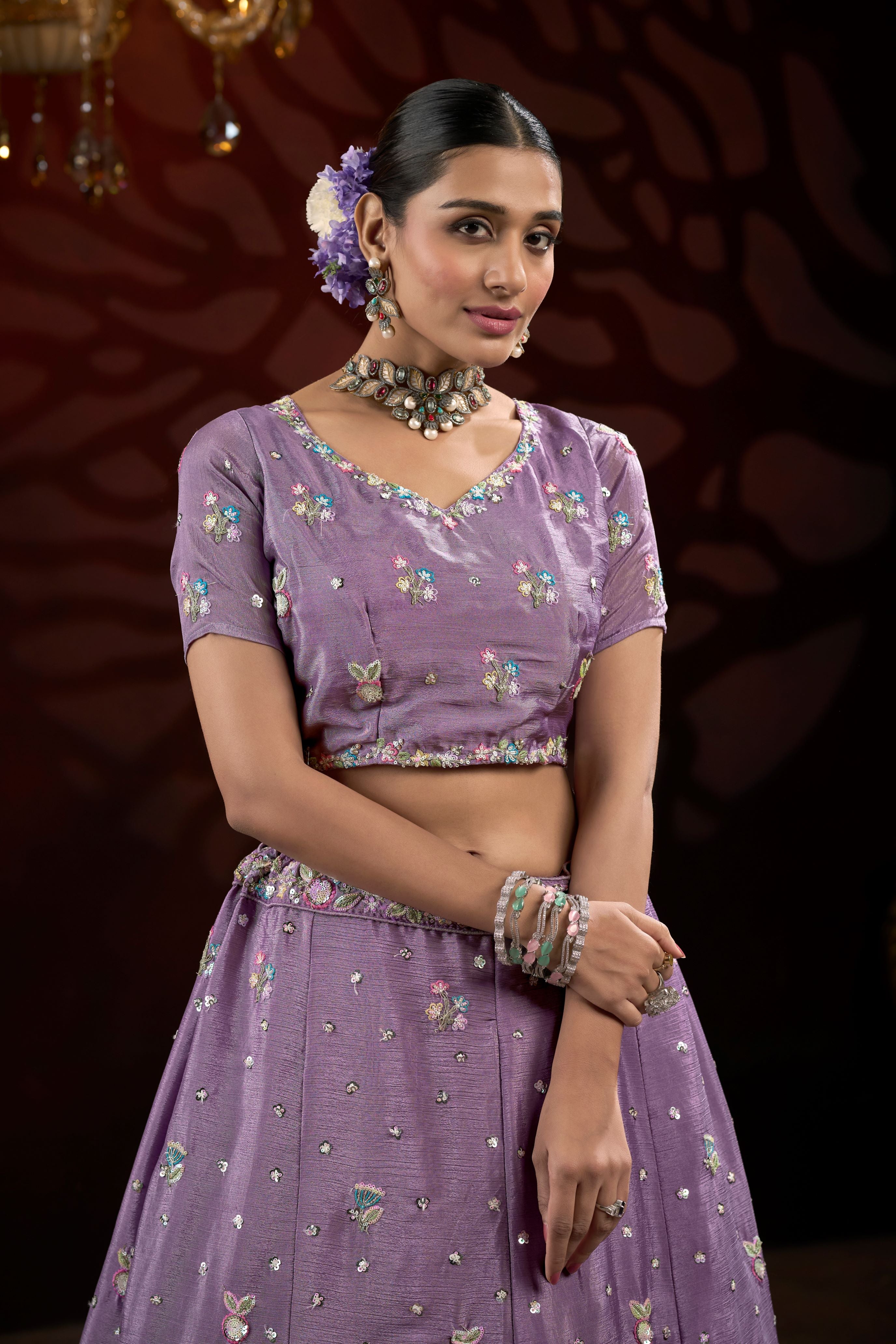 Lavender Sequin & Thread Embroidery work Lehenga with Printed Dupatta