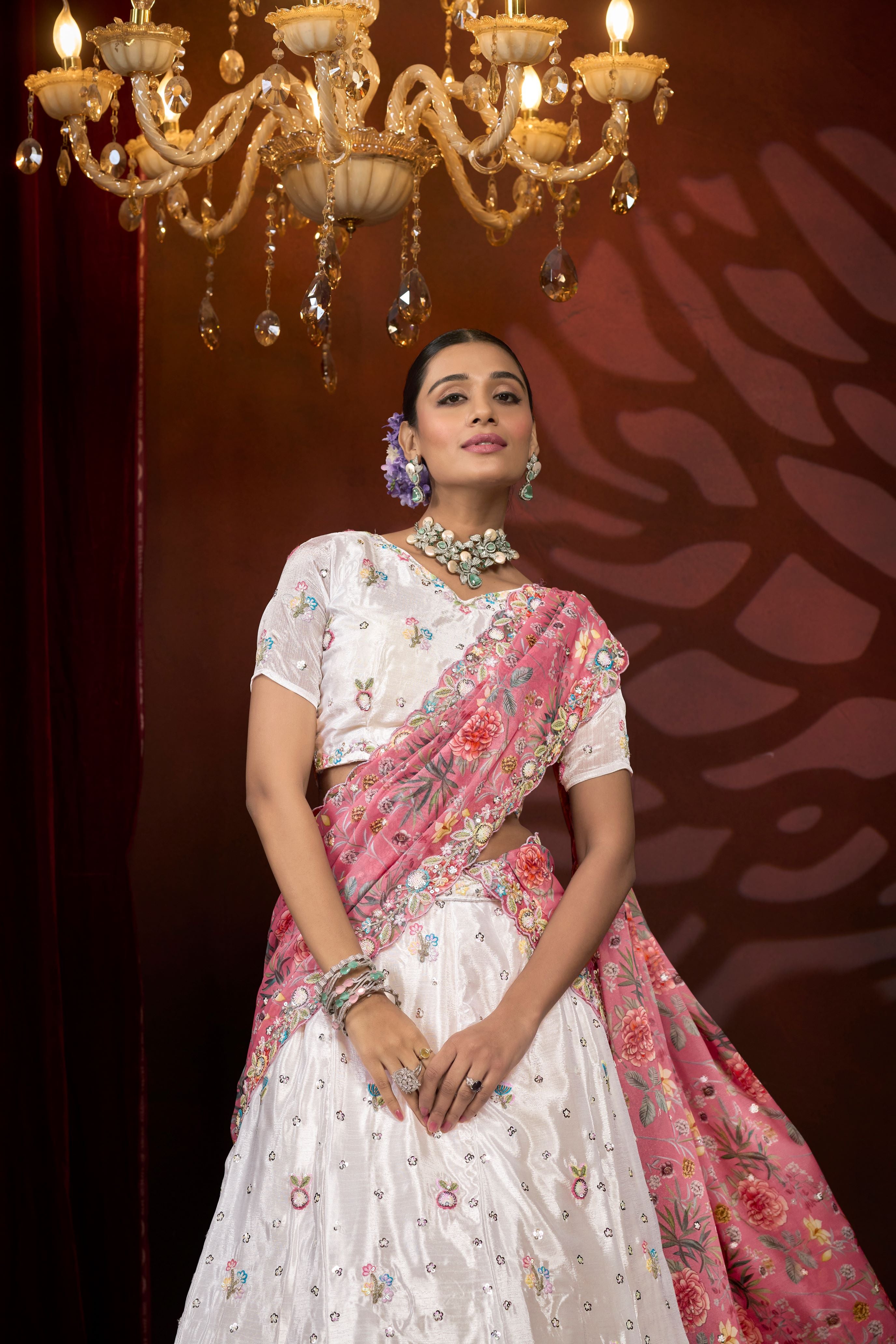Cream Sequin & Thread Embroidery work Lehenga with Printed Dupatta