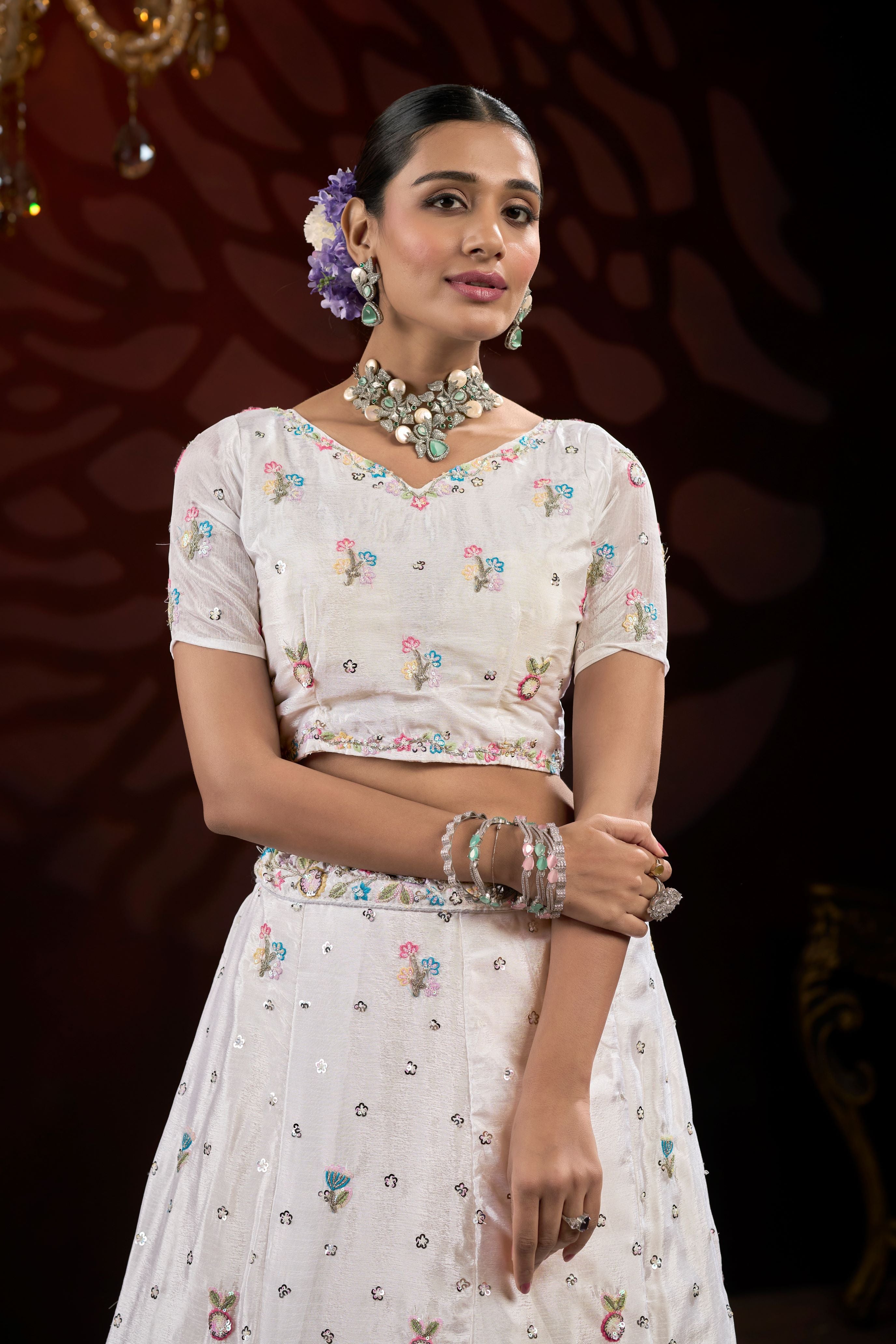 Cream Sequin & Thread Embroidery work Lehenga with Printed Dupatta