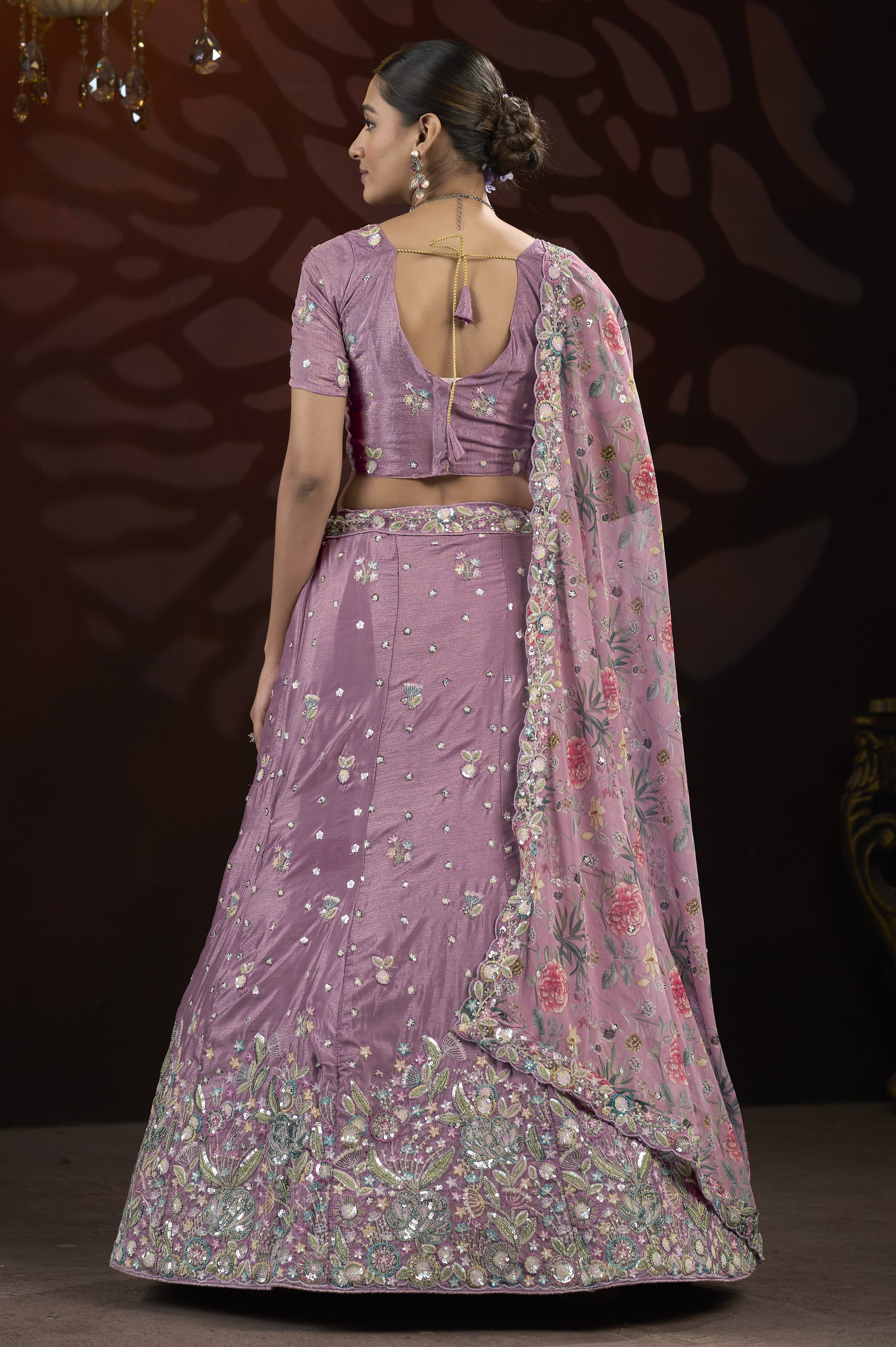 Dusty Pink Sequin & Thread Embroidery work Lehenga with Printed Dupatta