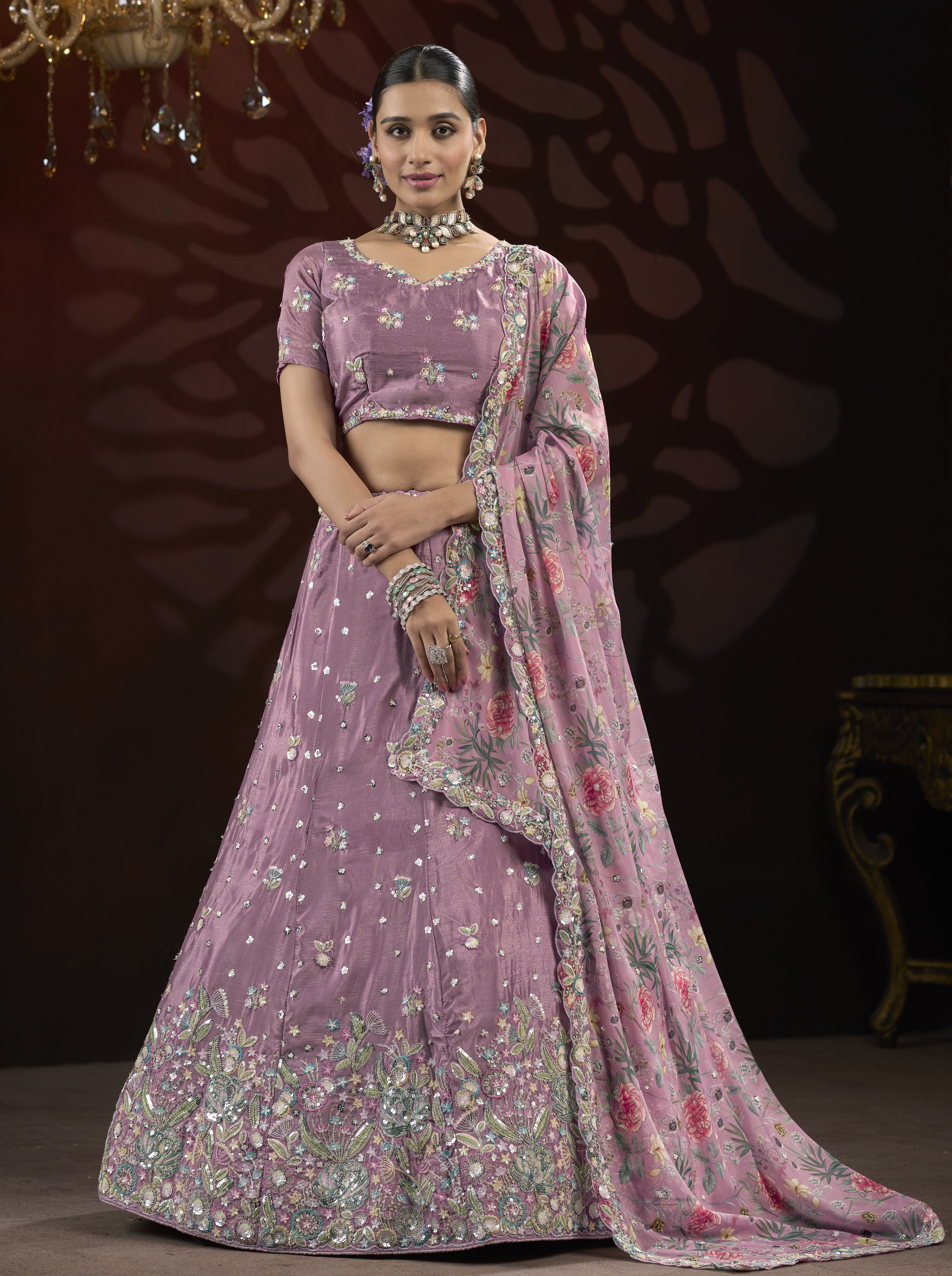 Dusty Pink Sequin & Thread Embroidery work Lehenga with Printed Dupatta