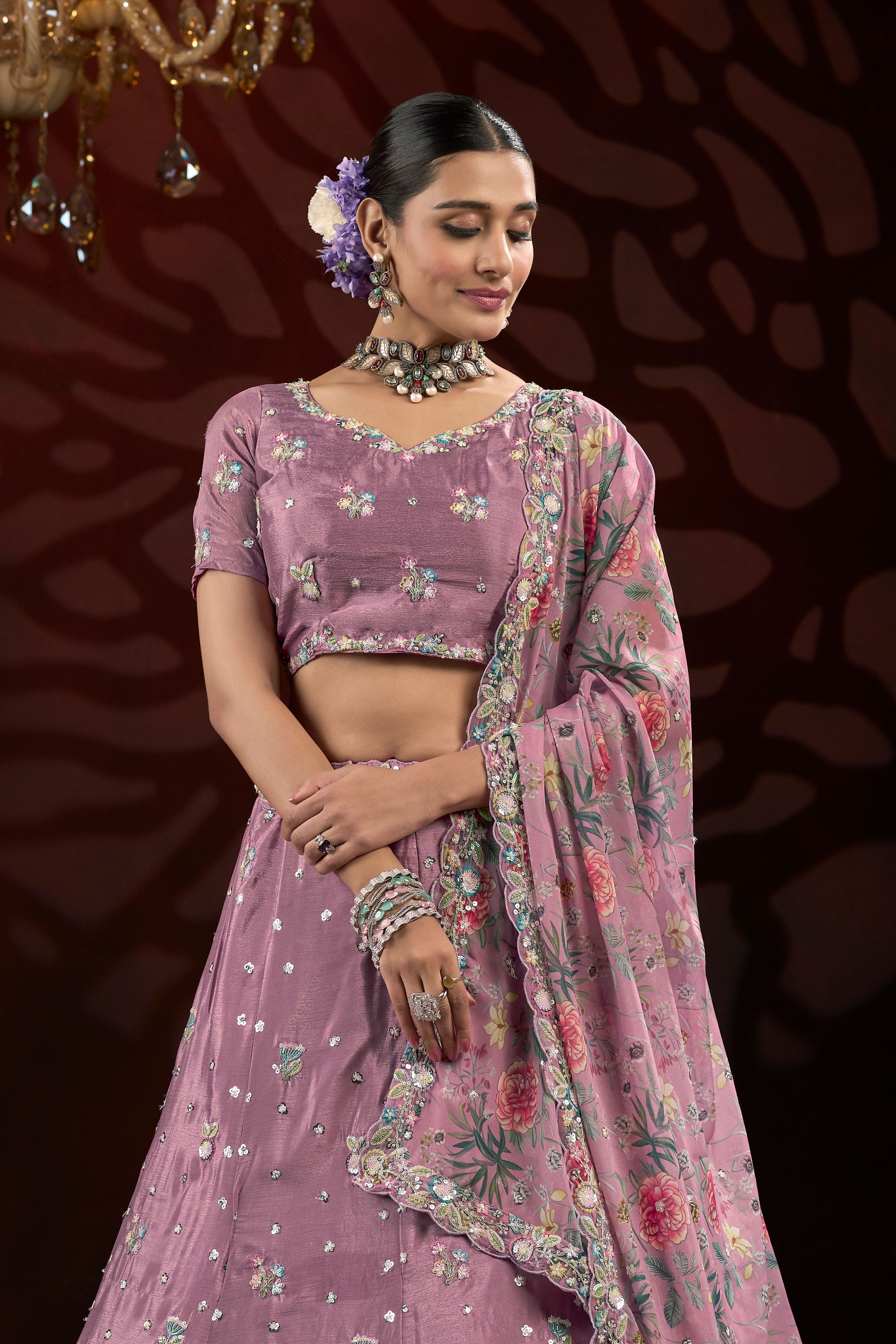 Dusty Pink Sequin & Thread Embroidery work Lehenga with Printed Dupatta