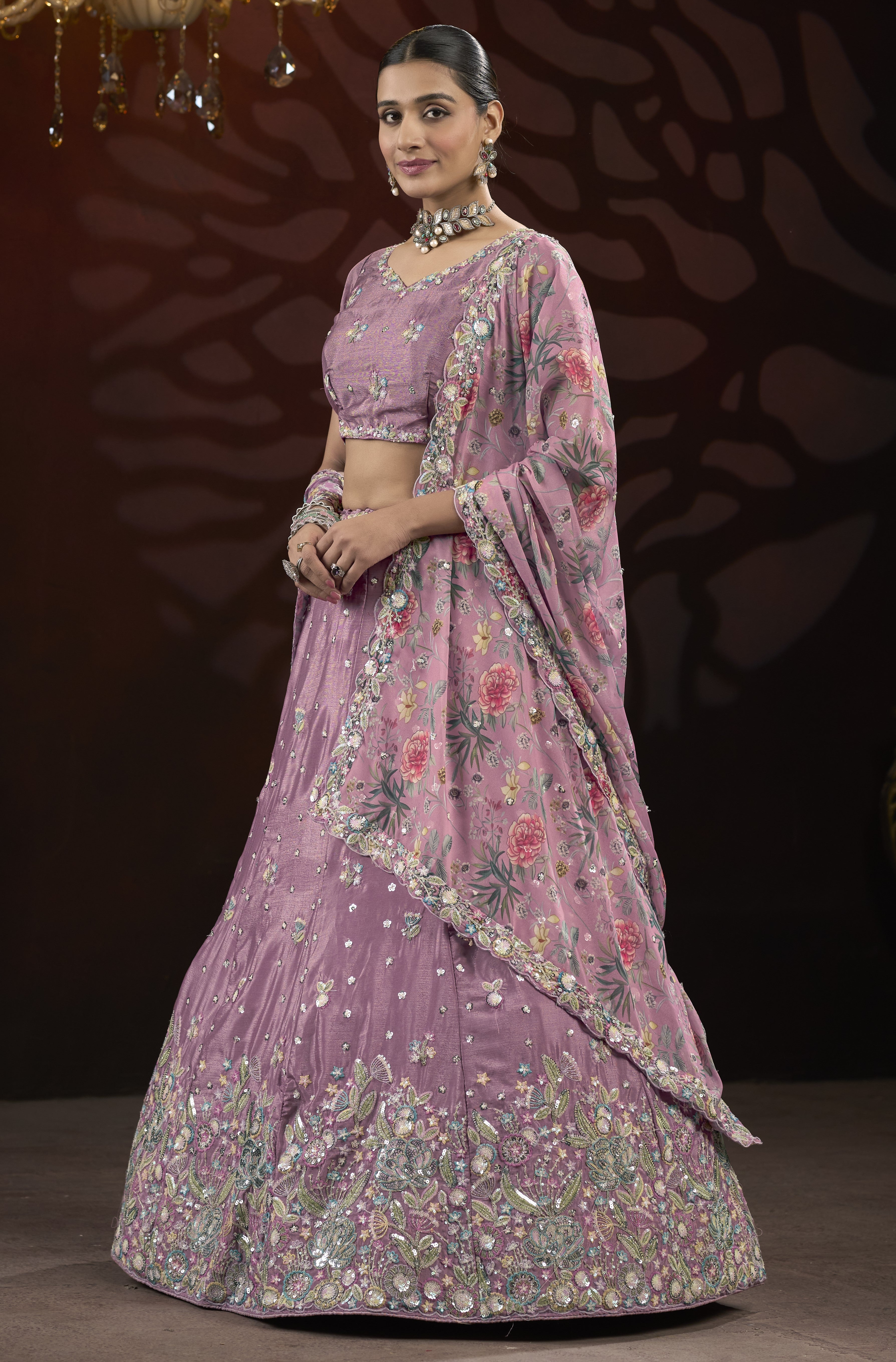 Dusty Pink Sequin & Thread Embroidery work Lehenga with Printed Dupatta
