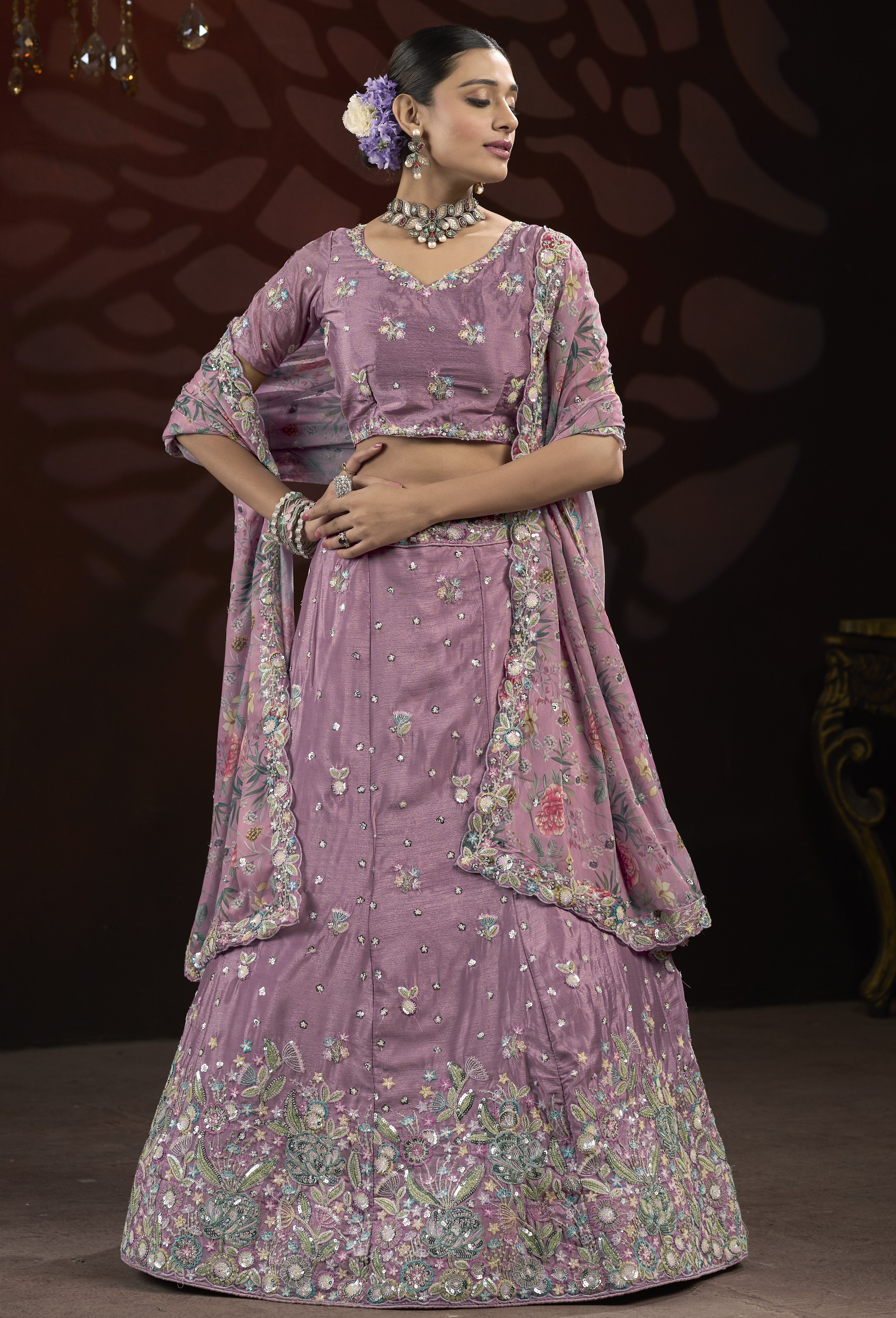Dusty Pink Sequin & Thread Embroidery work Lehenga with Printed Dupatta