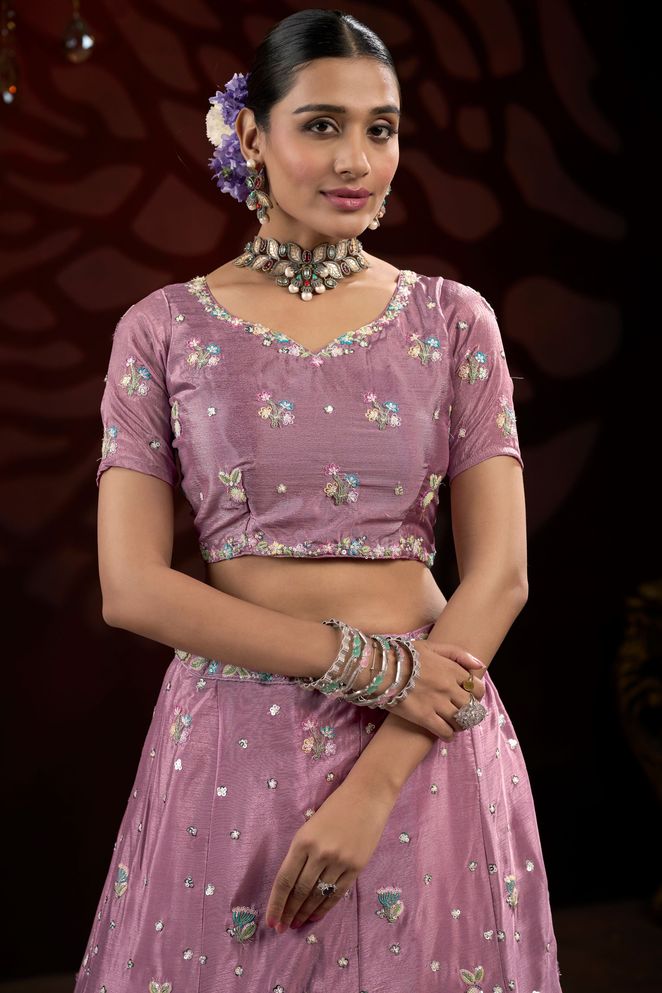Dusty Pink Sequin & Thread Embroidery work Lehenga with Printed Dupatta