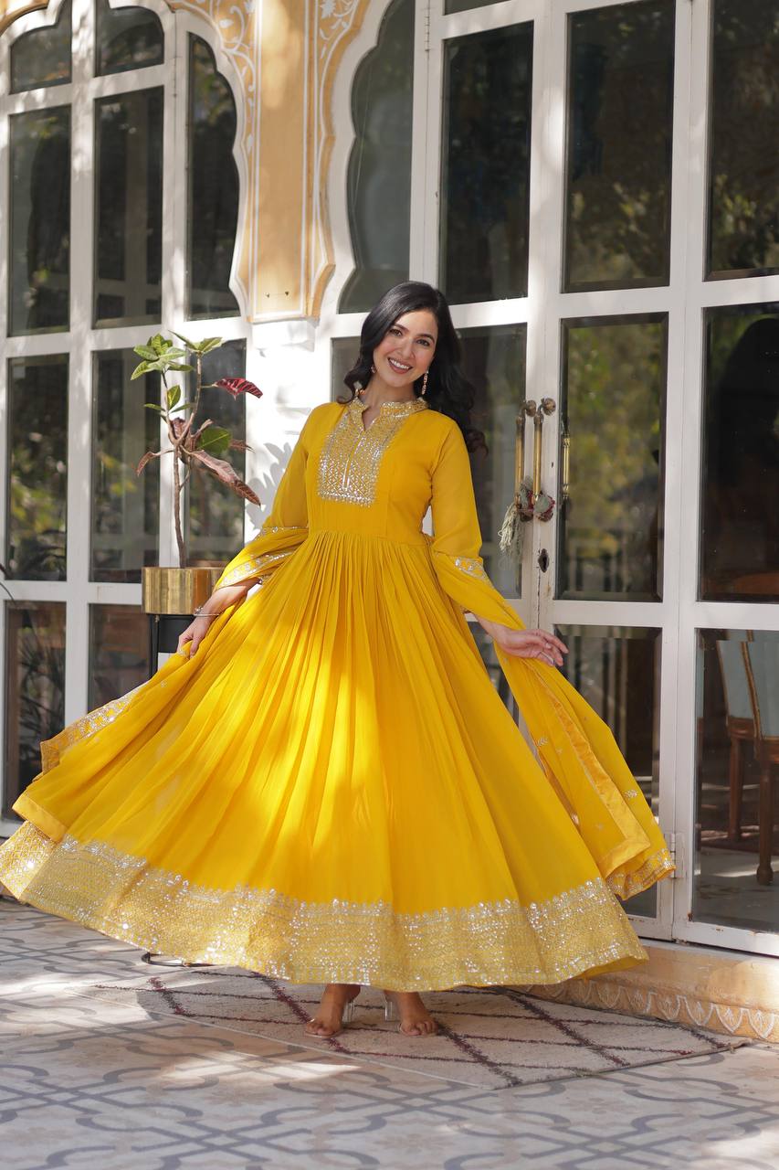 Yellow Sequin Embroidery Work Lehenga Kurta
