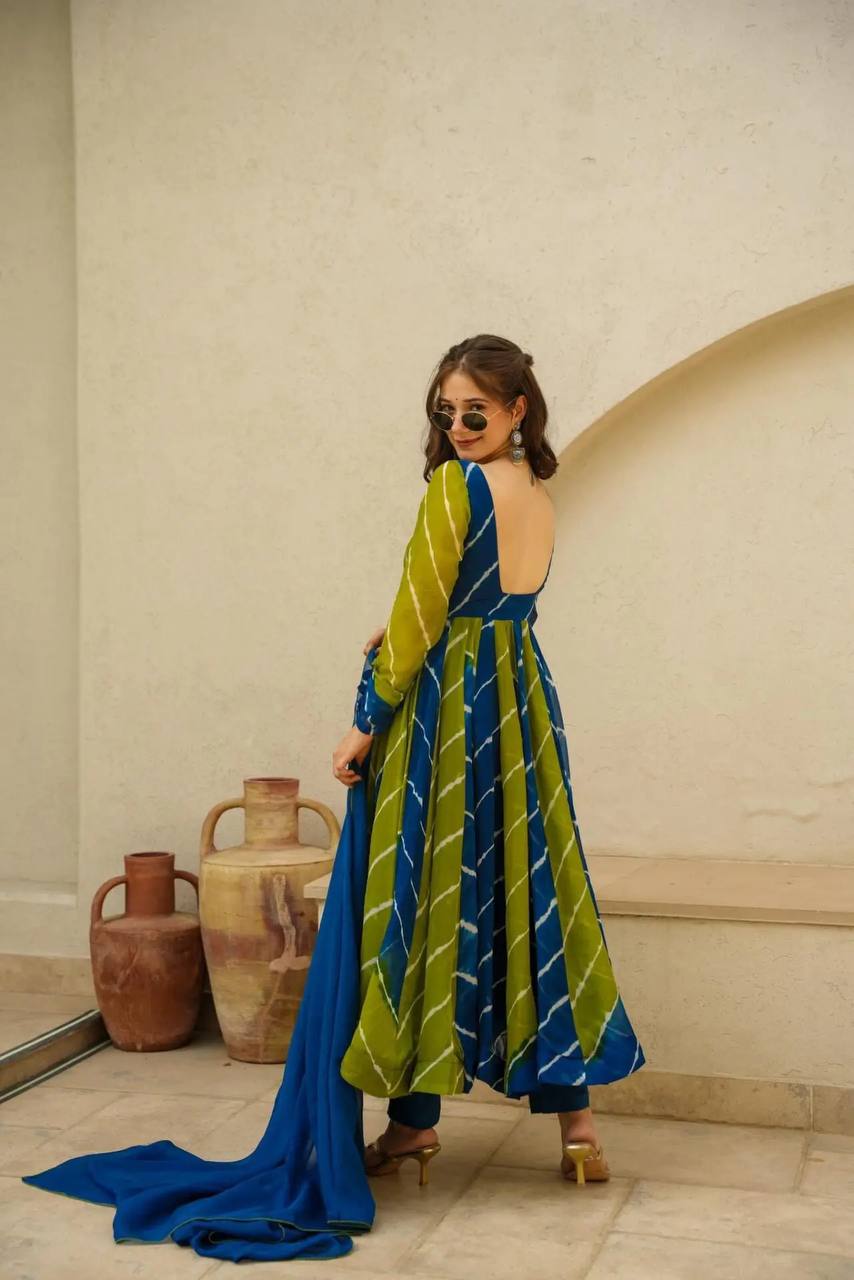 Yellow Leheriya Anarkali Kurta Set
