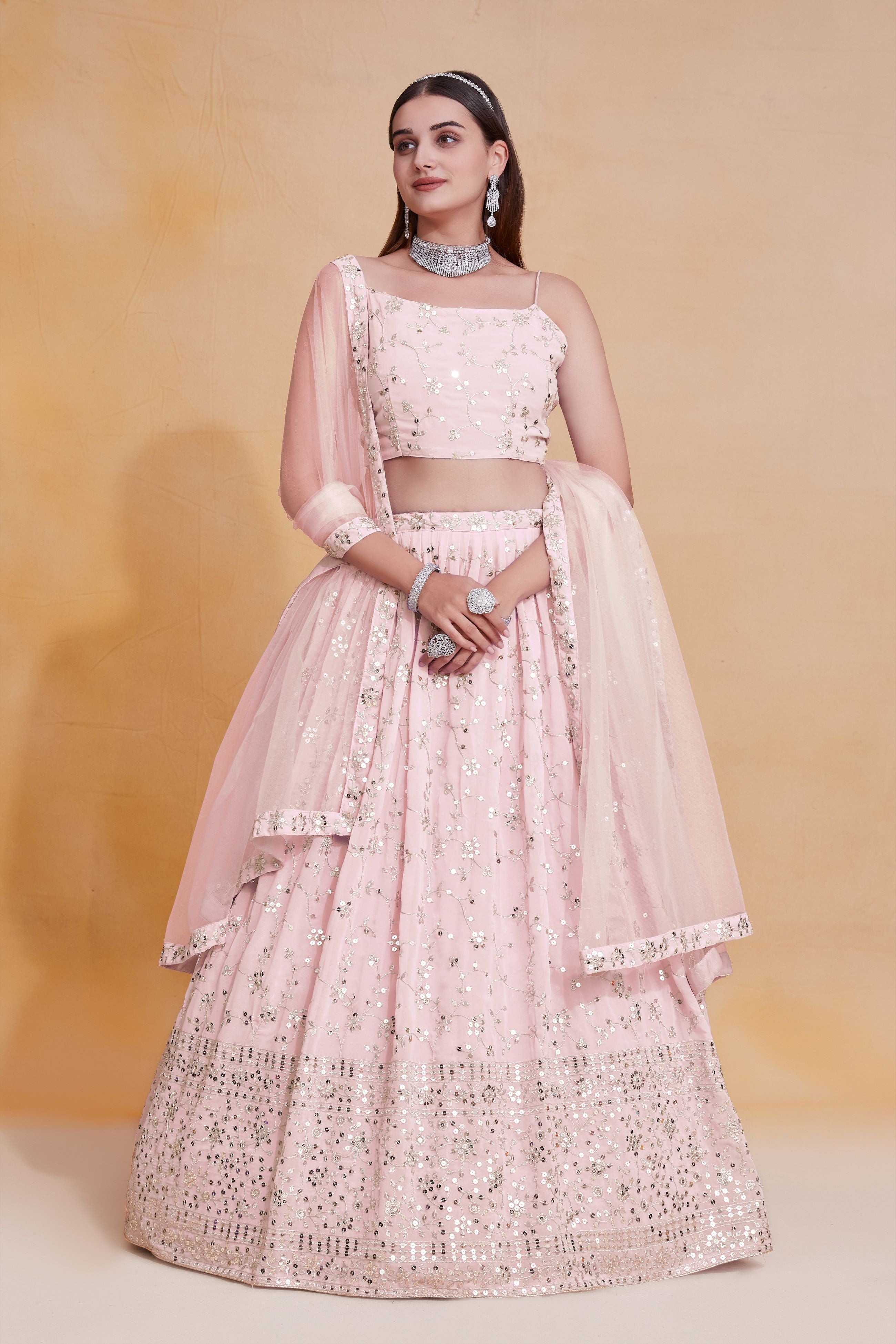 Peach Georgette Sequence Embroidery Work Lehenga choli