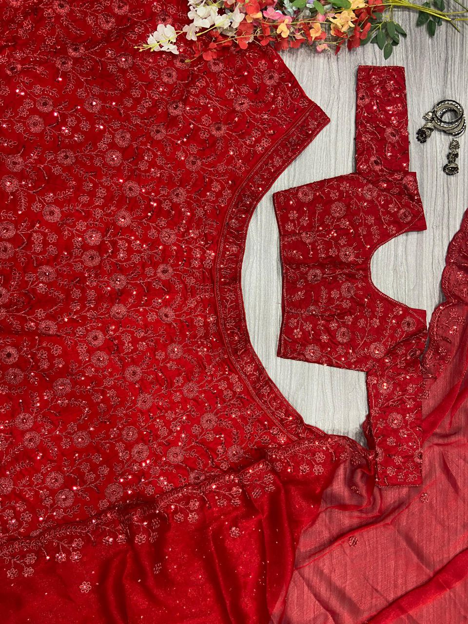 Red Silk Sequin work Lehenga