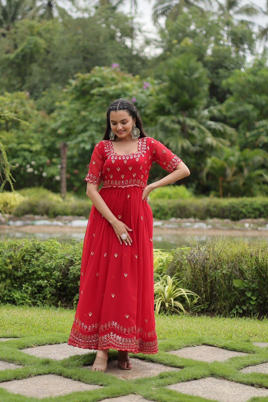 Red Georgette Kurta Set With Embroidery Zari Sequins-Work