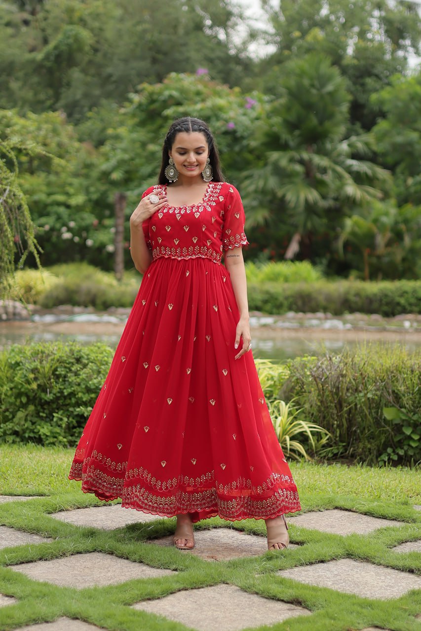 Red Georgette Kurta Set With Embroidery Zari Sequins-Work