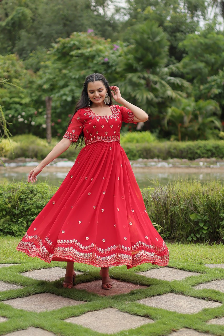 Red Georgette Kurta Set With Embroidery Zari Sequins-Work