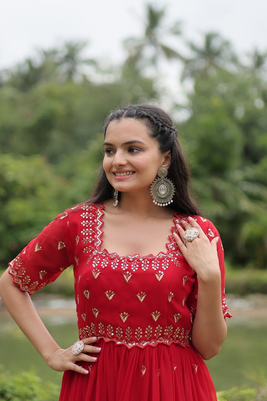 Red Georgette Kurta Set With Embroidery Zari Sequins-Work