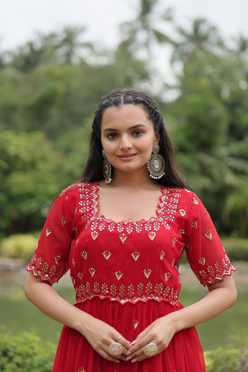 Red Georgette Kurta Set With Embroidery Zari Sequins-Work