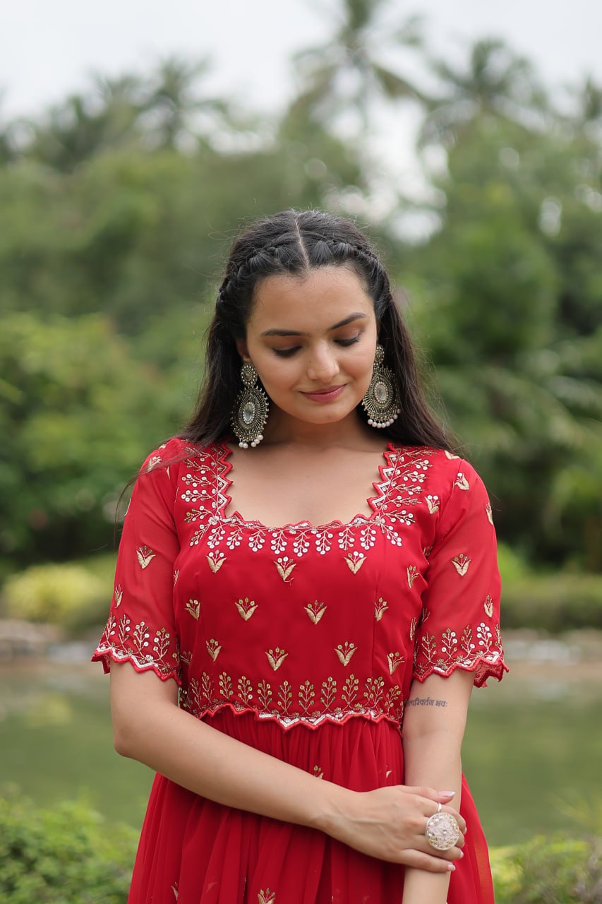 Red Georgette Kurta Set With Embroidery Zari Sequins-Work