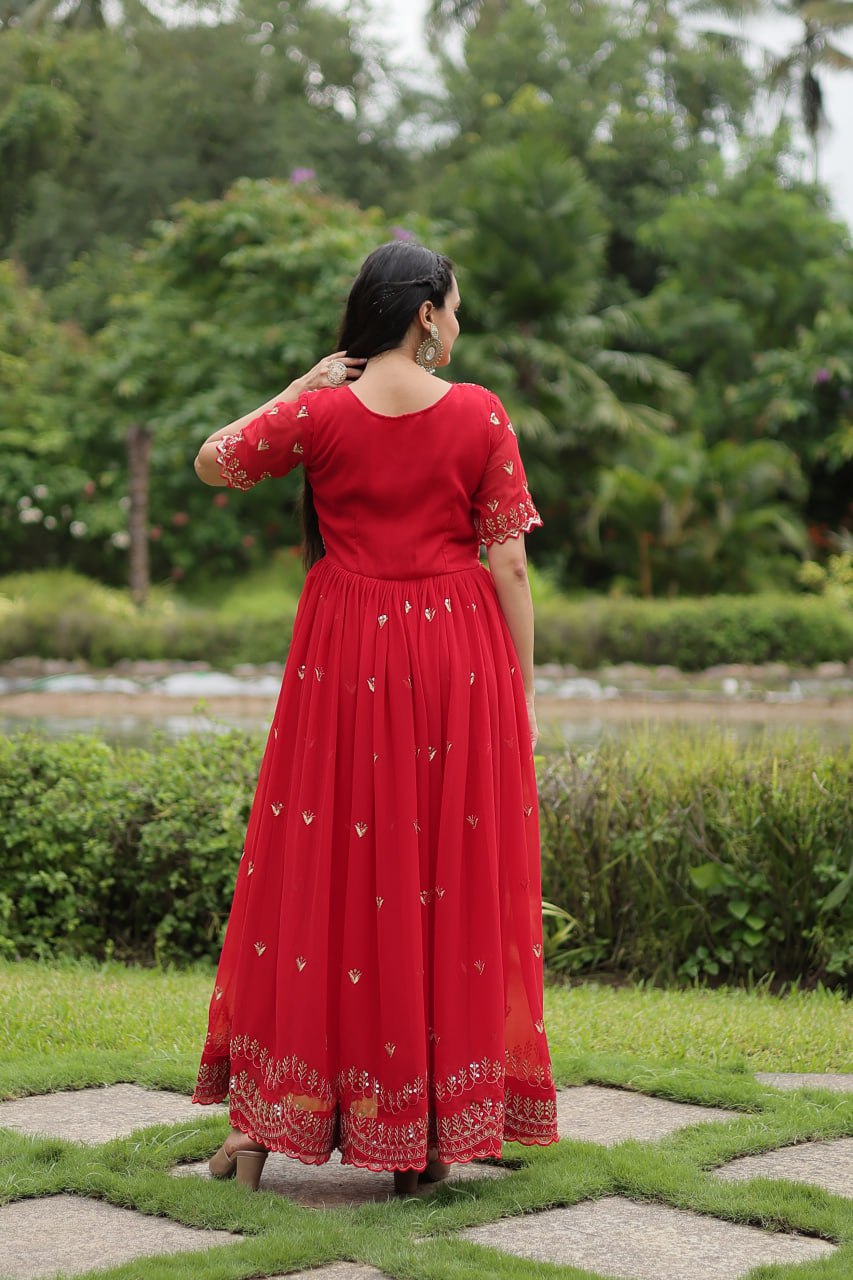 Red Georgette Kurta Set With Embroidery Zari Sequins-Work