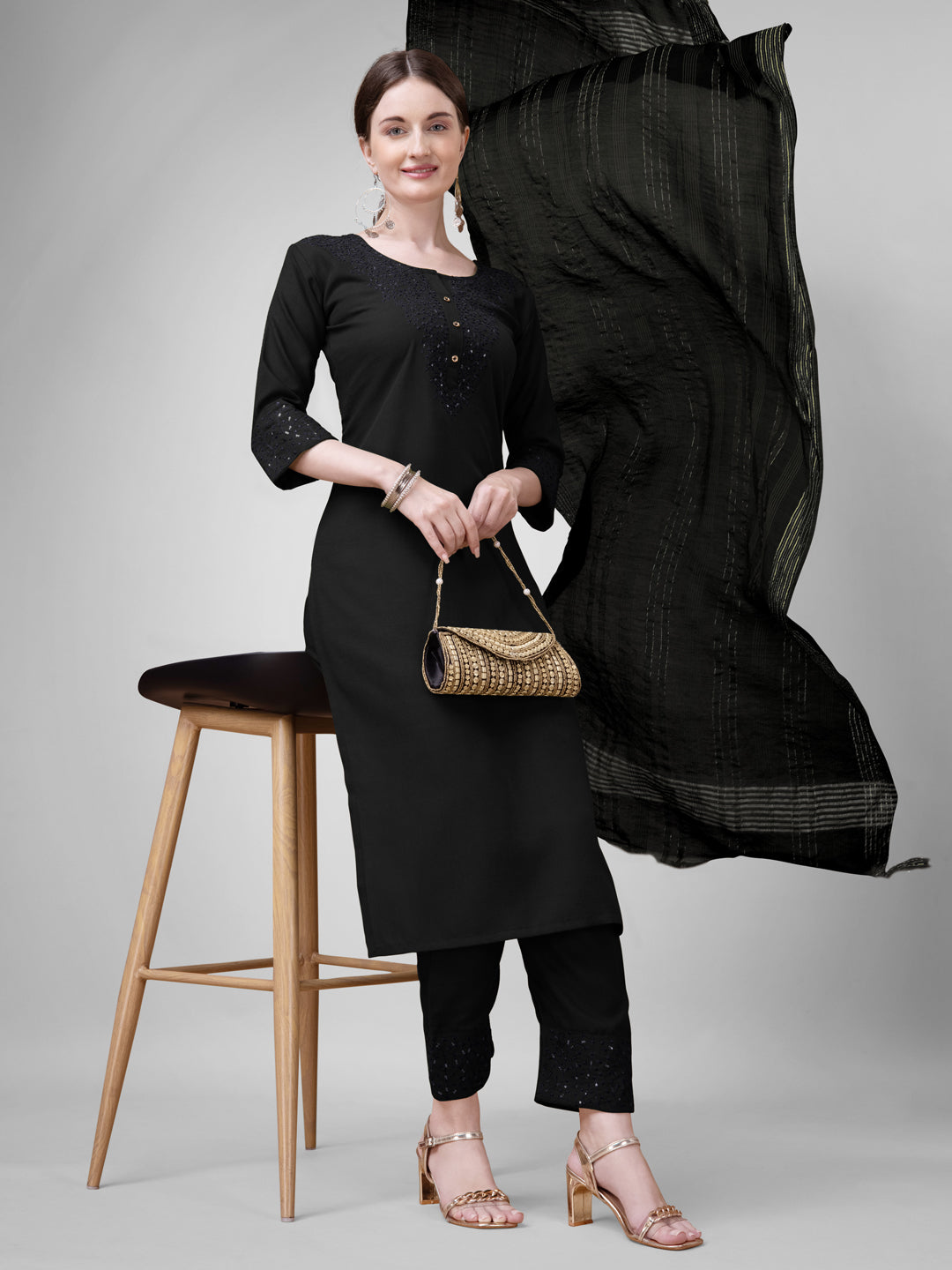 Black Cotton Blend Kurta Set With Embroidery & Sequen Work