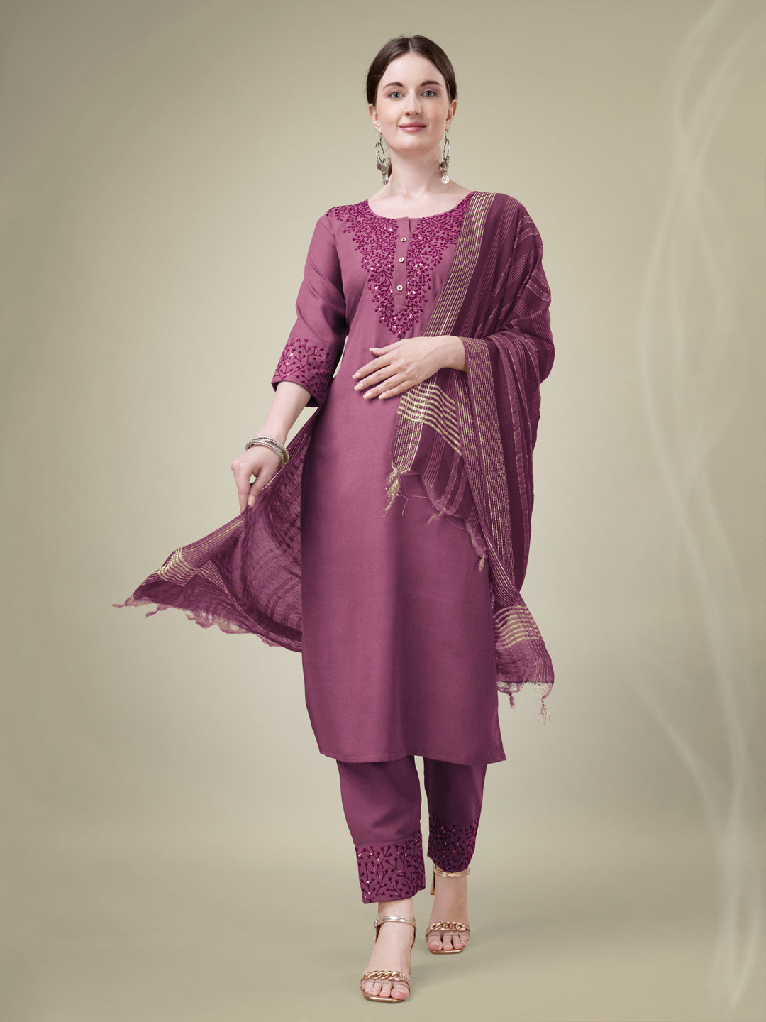 Wine Cotton Blend Kurta Set With Sequence Embroidery Work