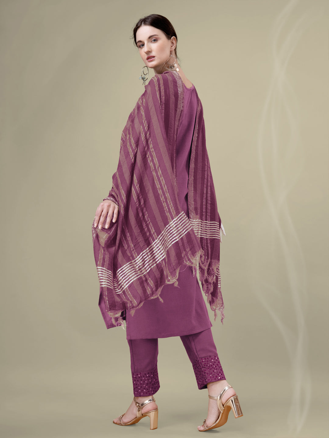Wine Cotton Blend Kurta Set With Sequence Embroidery Work