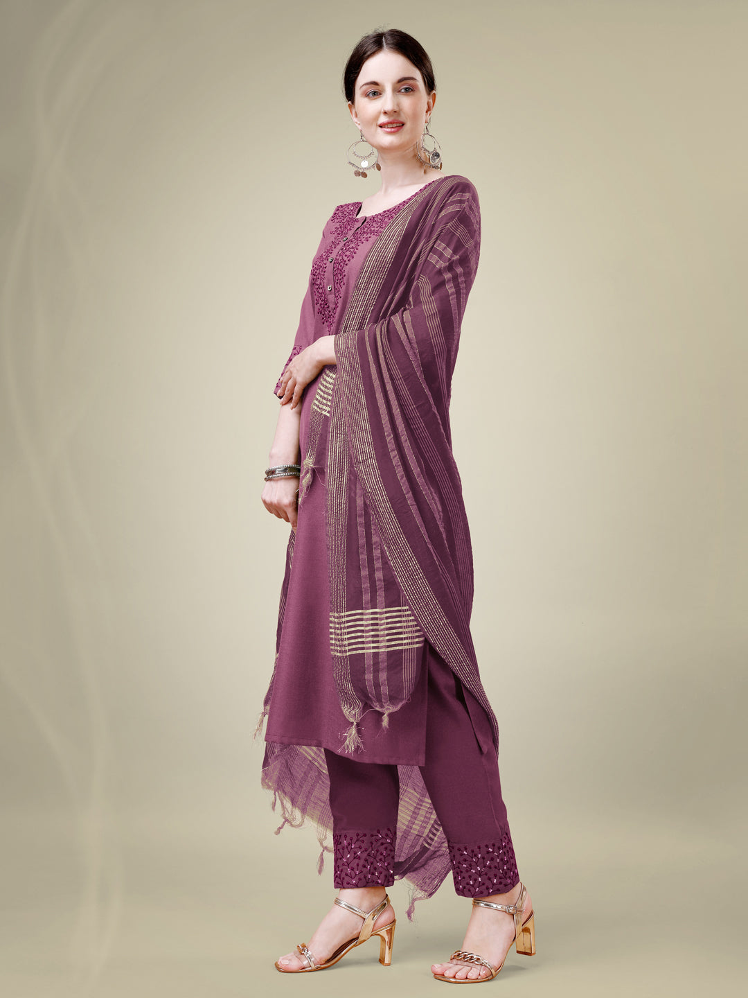 Wine Cotton Blend Kurta Set With Sequence Embroidery Work
